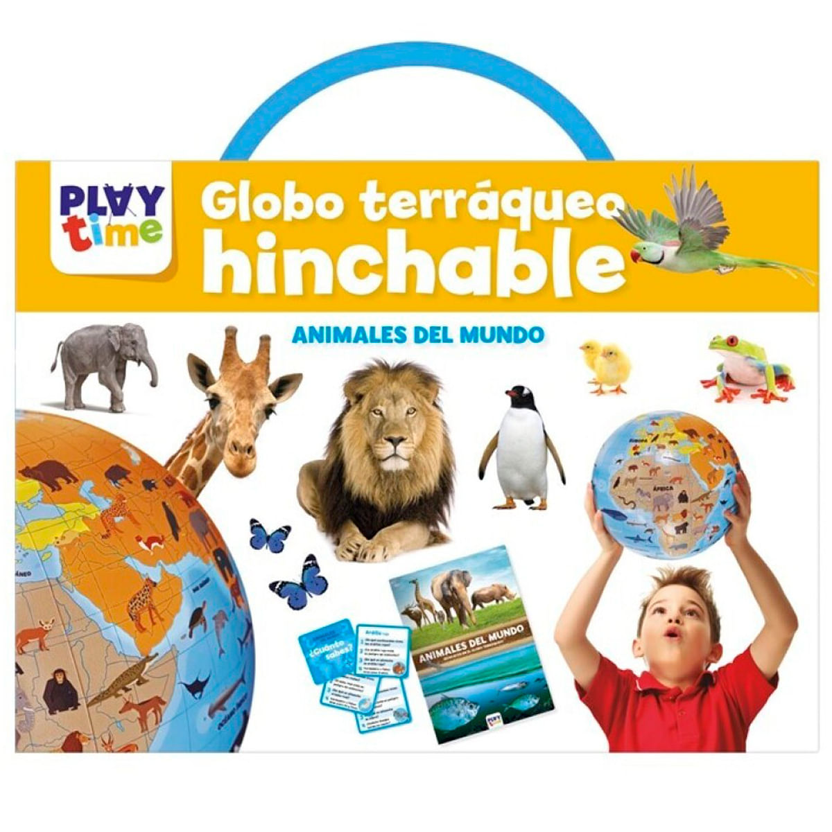 Un niño sostiene un globo con animales. Se muestran elefante, jirafa, león, pingüino, pollito, rana.