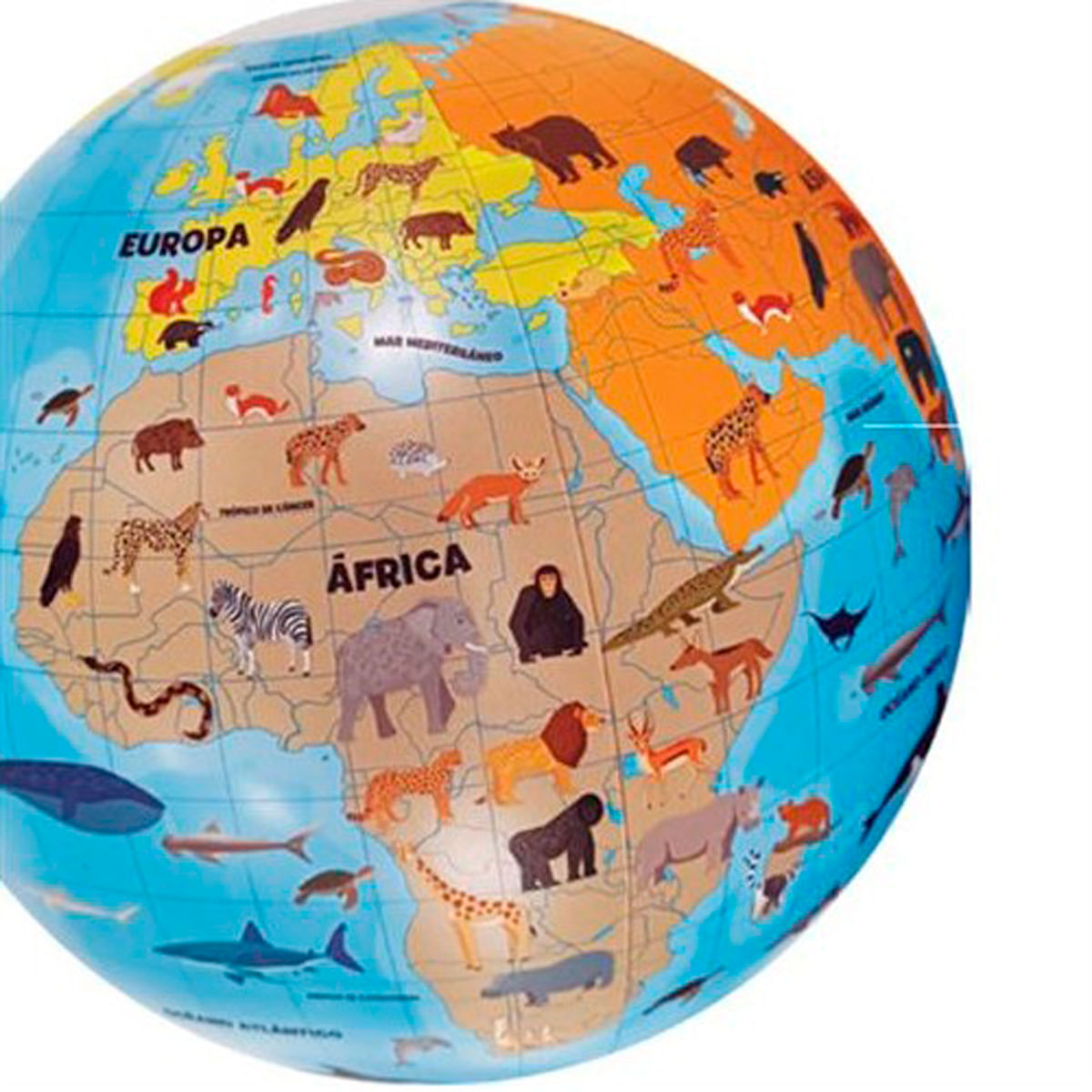 Globo con ilustraciones de animales en Europa y África. Elefantes, jirafas, cebras, leones.