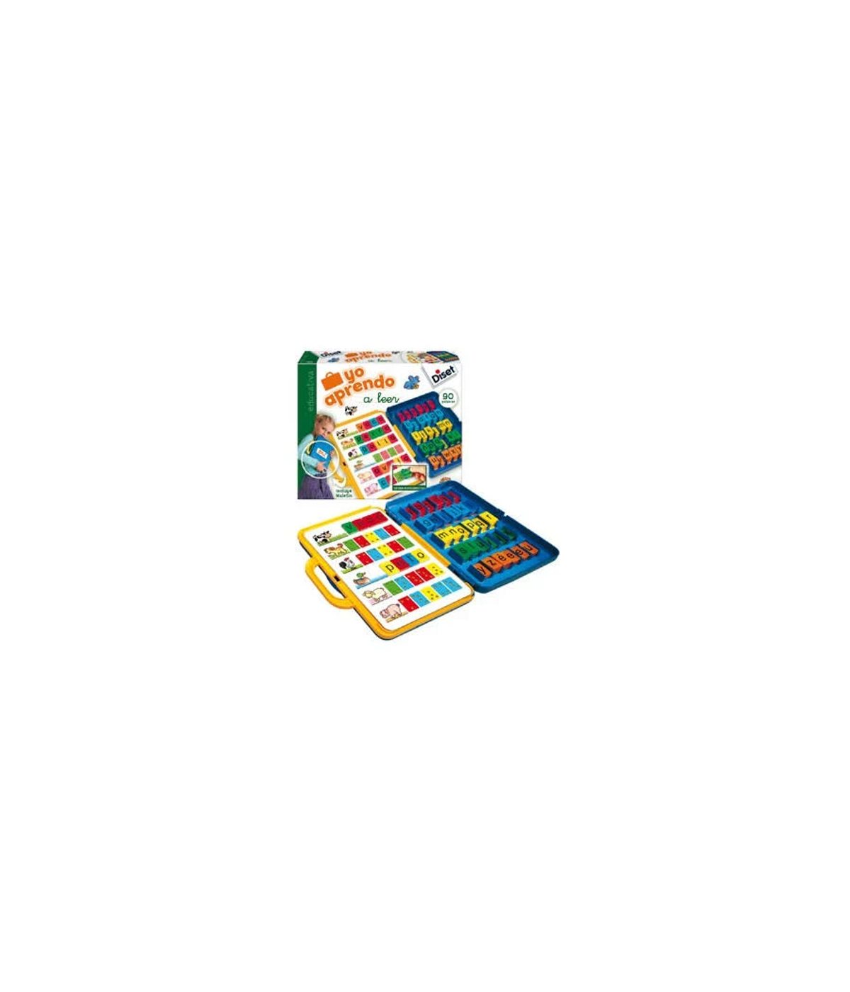 Juguete educativo con letras y dibujos en una caja