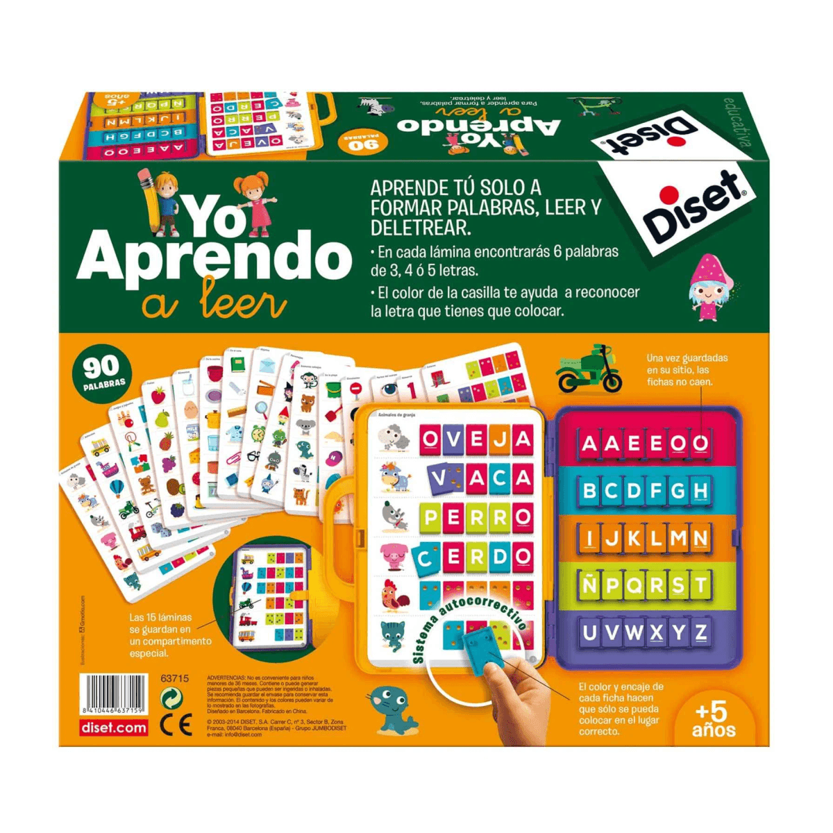 El juego 'Yo Aprendo a leer' muestra tarjetas coloridas con animales y letras.