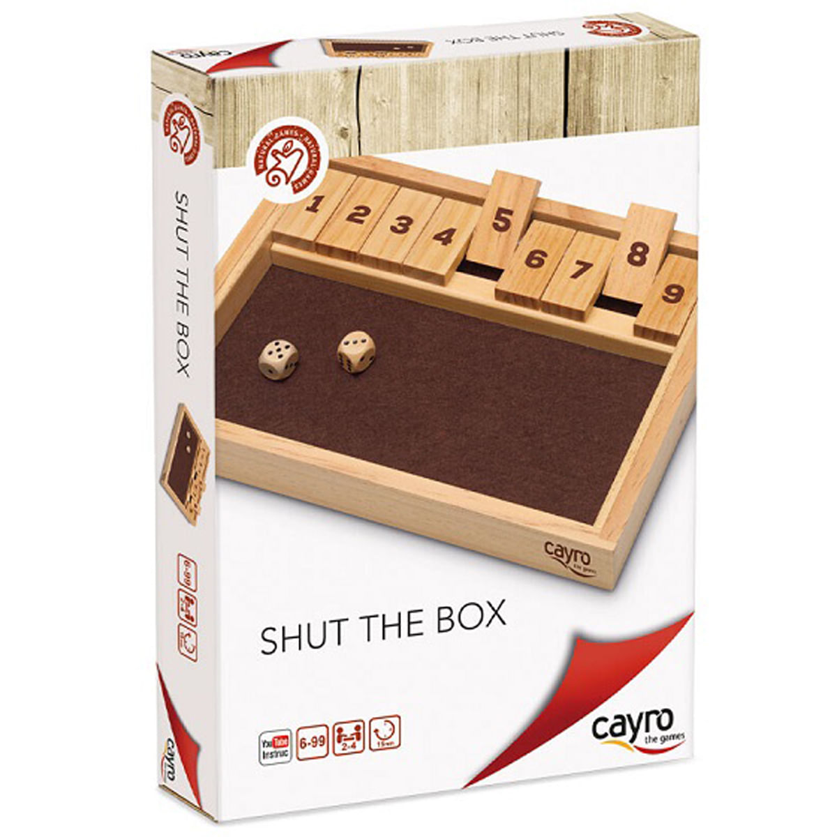 Juego de mesa "Shut the Box" con marco de madera, fichas numeradas y dados.