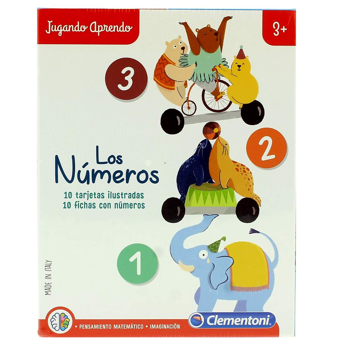 Embalaje de juguete con animales de circo: osos, focas y elefante. Números 1, 2, 3.