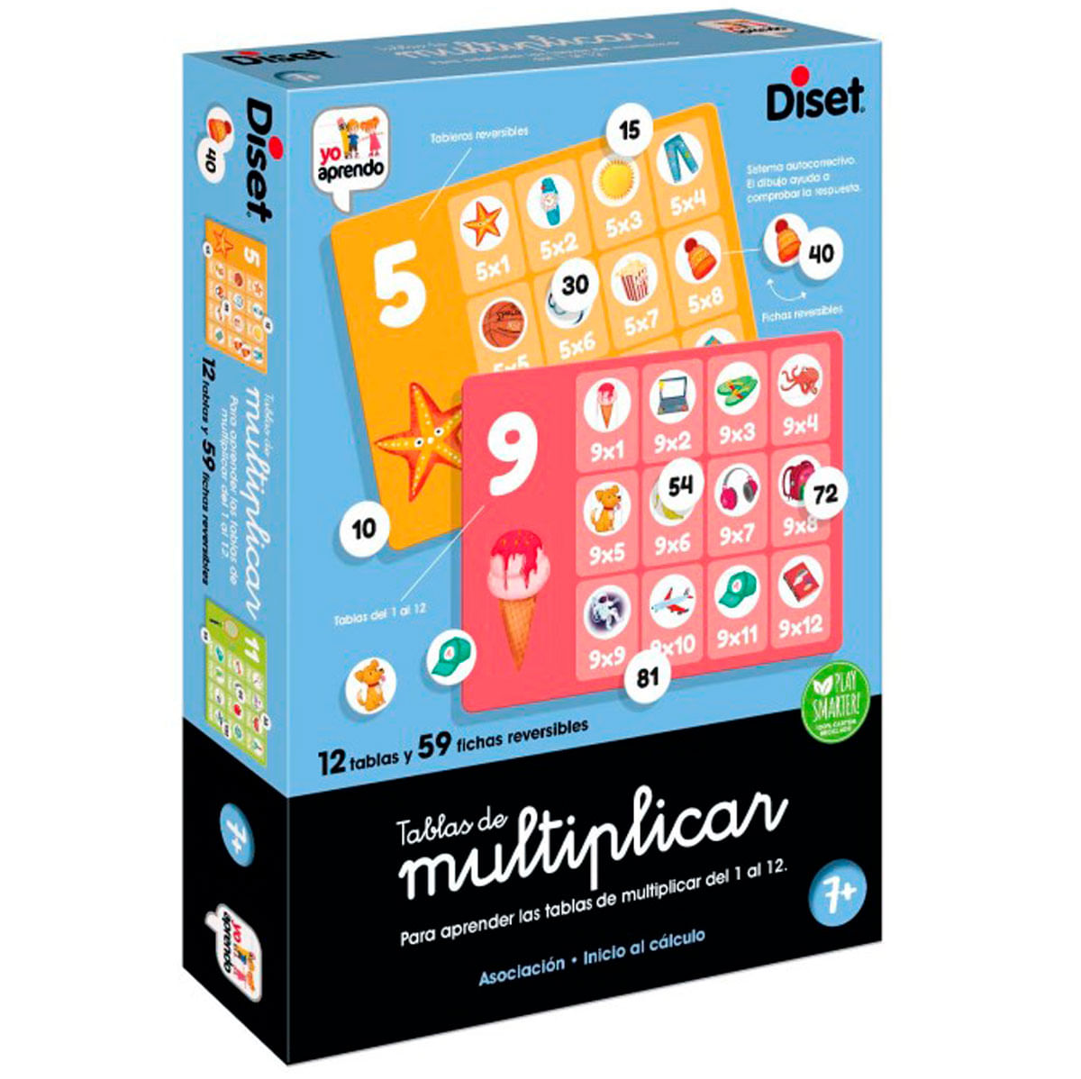 Juego de mesa de multiplicación con tarjetas, números e ilustraciones.