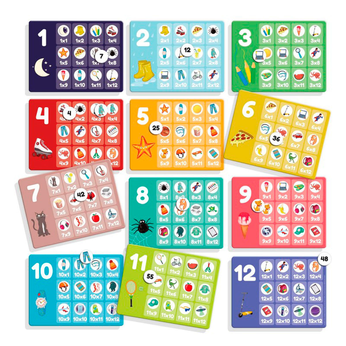 Doce tarjetas educativas coloridas con números, multiplicaciones e imágenes.