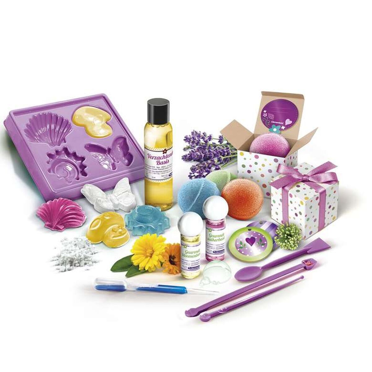 Un kit para hacer bombas de baño con moldes, botellas, hierbas y regalos.