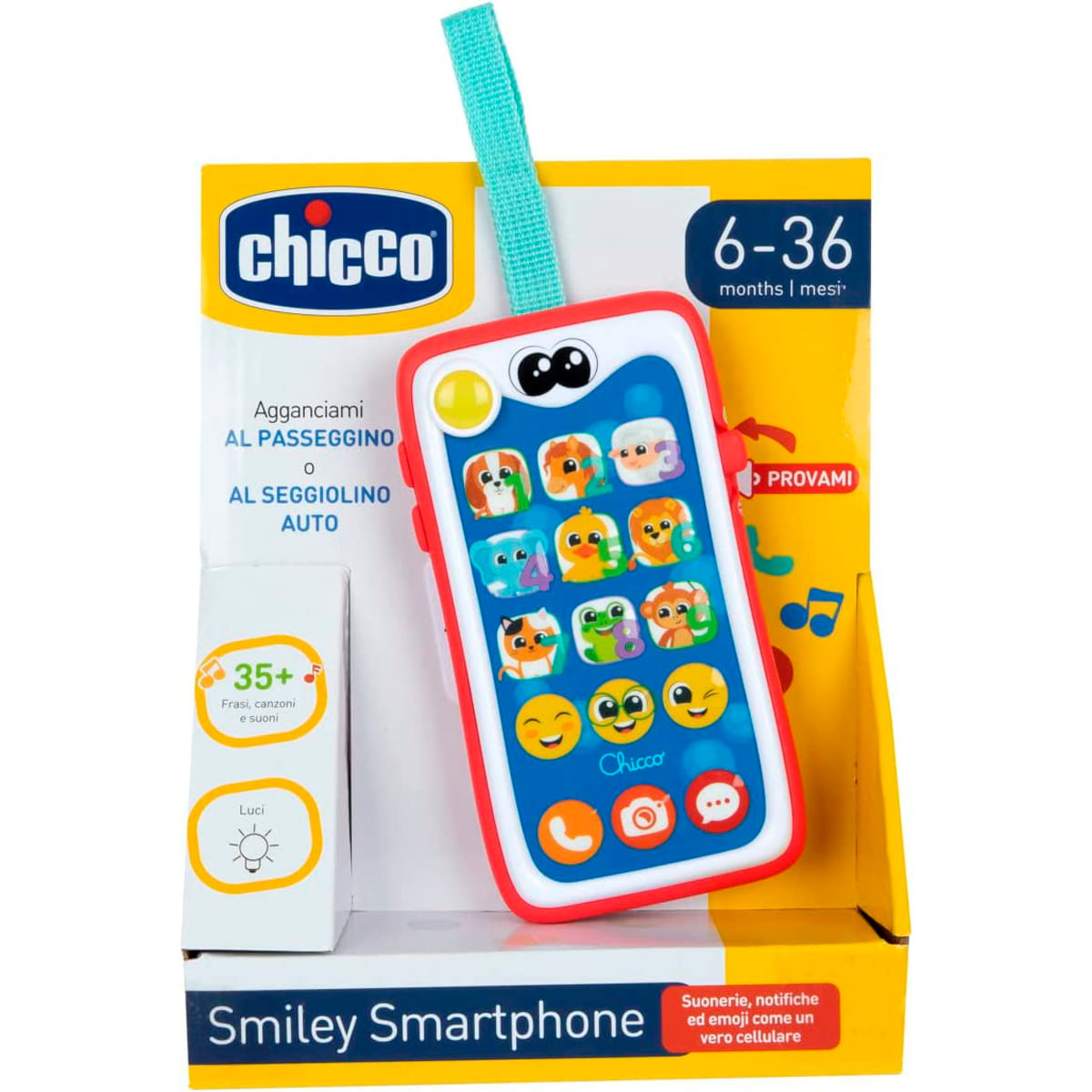 Juguete Chicco Smiley Smartphone en caja con emojis coloridos y animales.