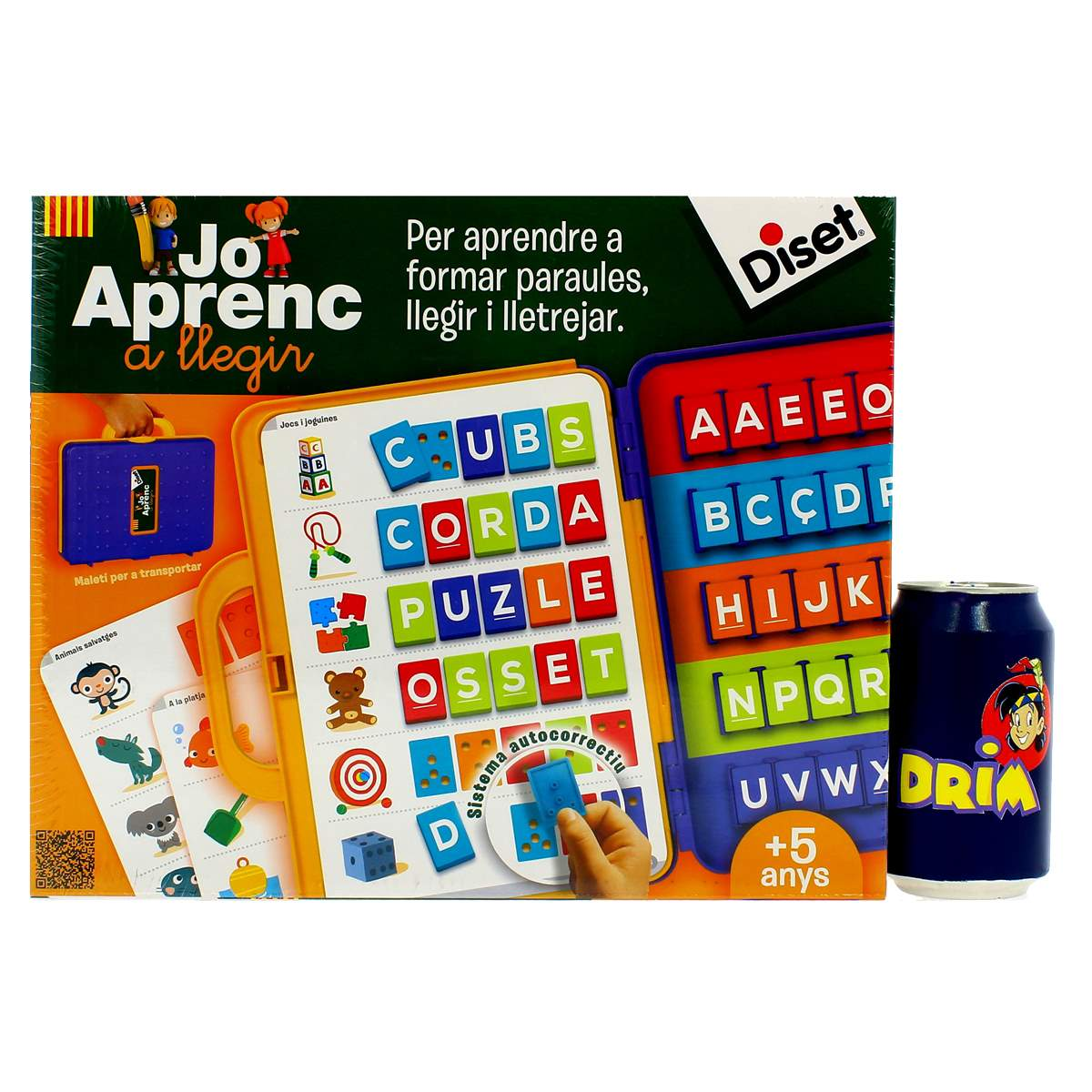 Un juego de aprendizaje con letras y palabras, una lata y un maletín.