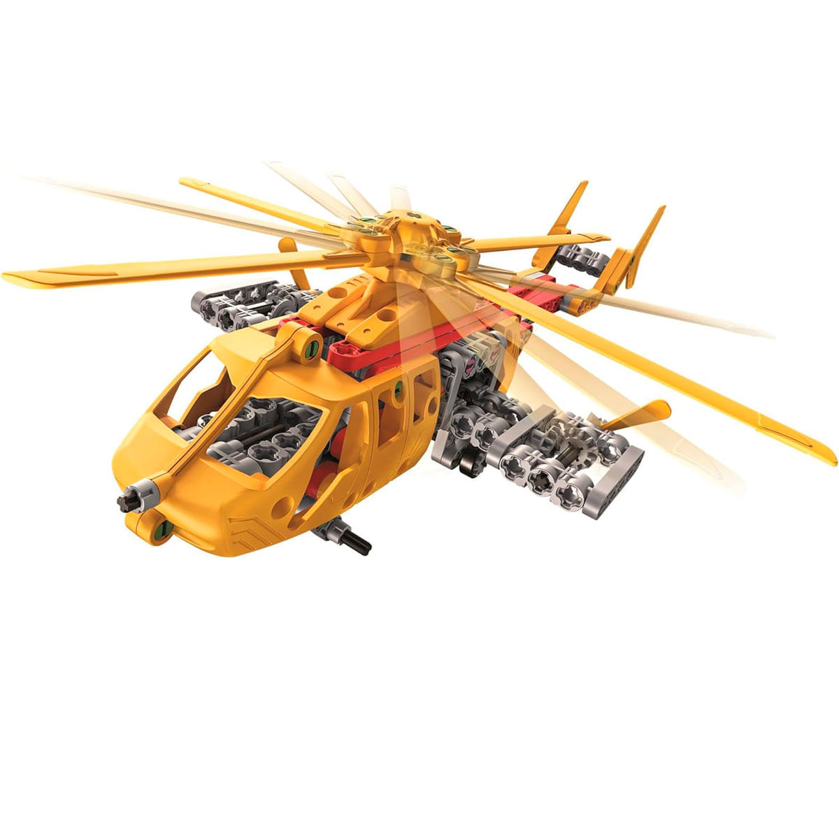 Helicóptero de juguete amarillo con detalles rojos y plateados, representado en vuelo.