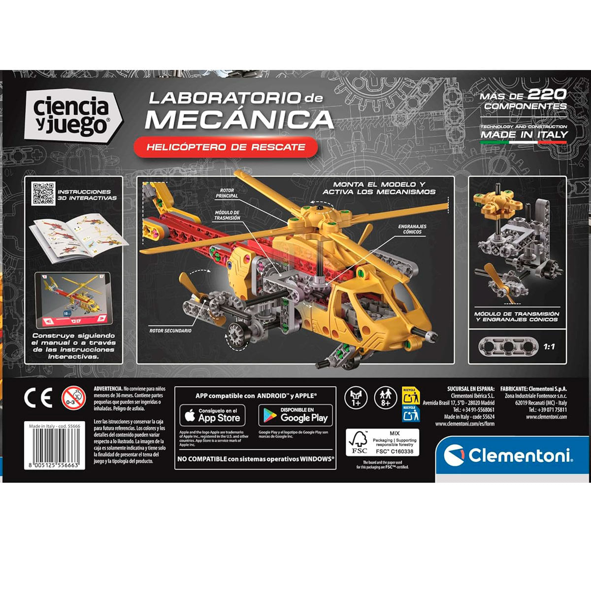 Un kit de construcción de helicóptero amarillo y rojo con instrucciones y app.