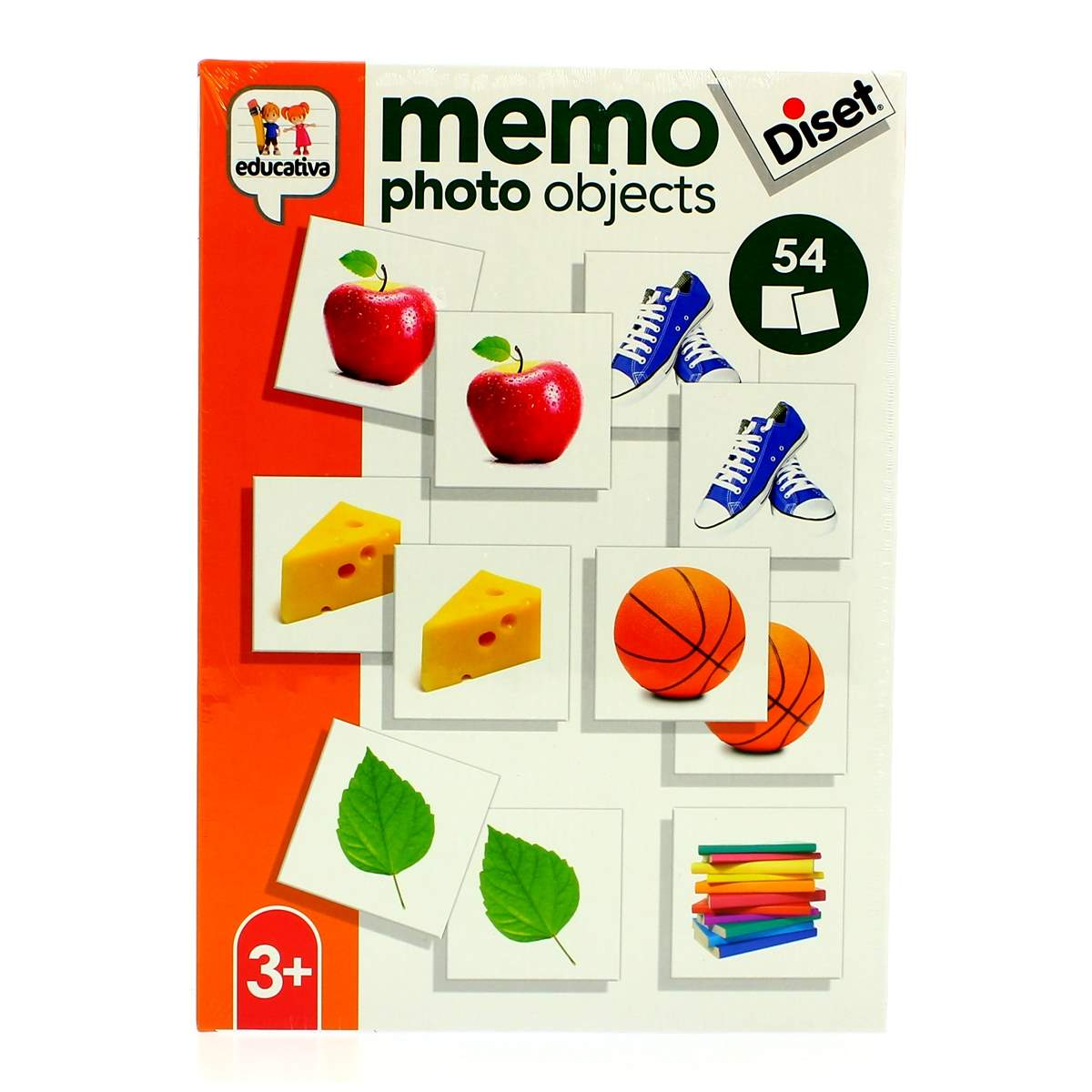 Caja de un juego de memoria con imágenes de manzanas, queso, zapatos, pelotas, hojas y libros.