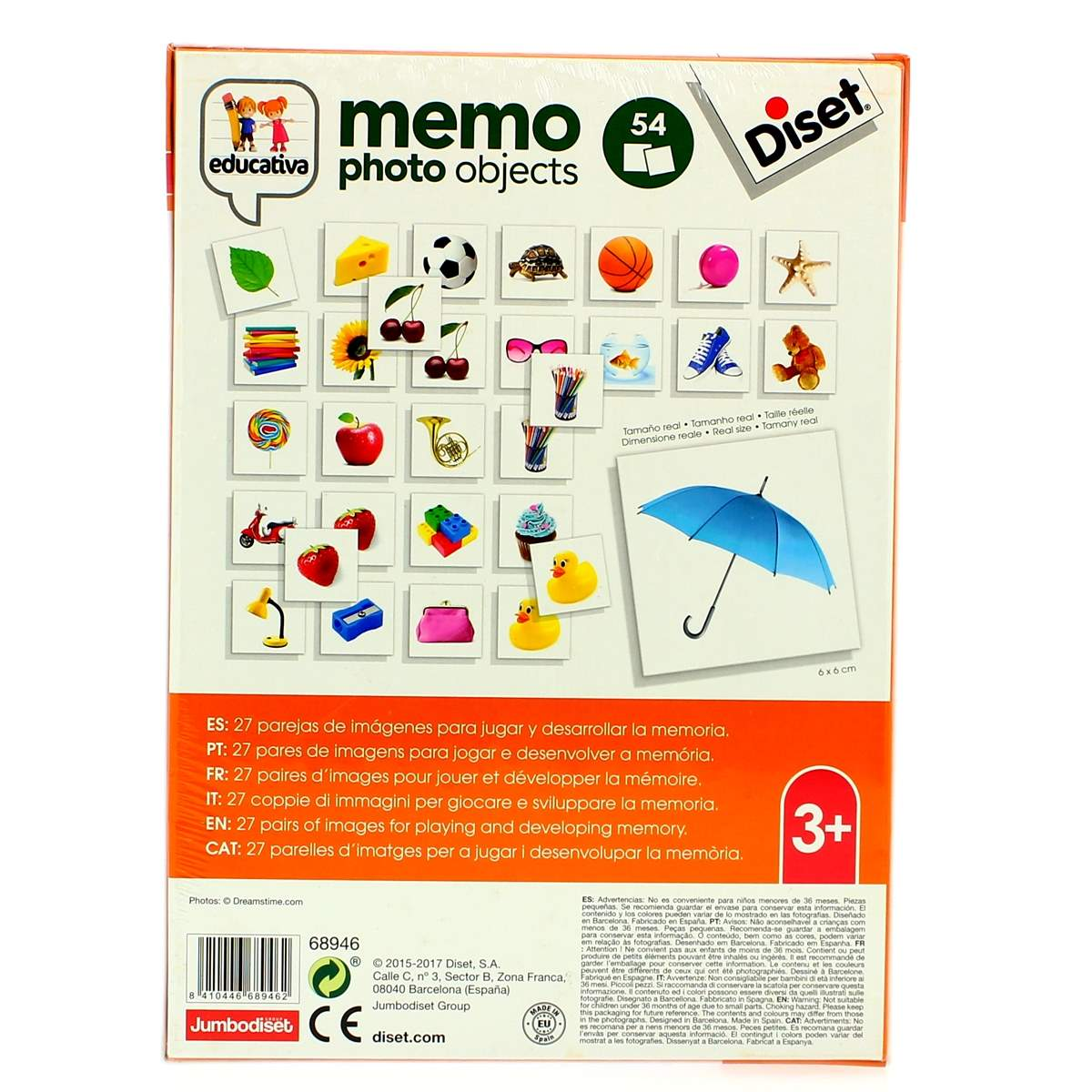 Juego de memoria con objetos como balón, tortuga, manzana, tijeras, pato de goma.