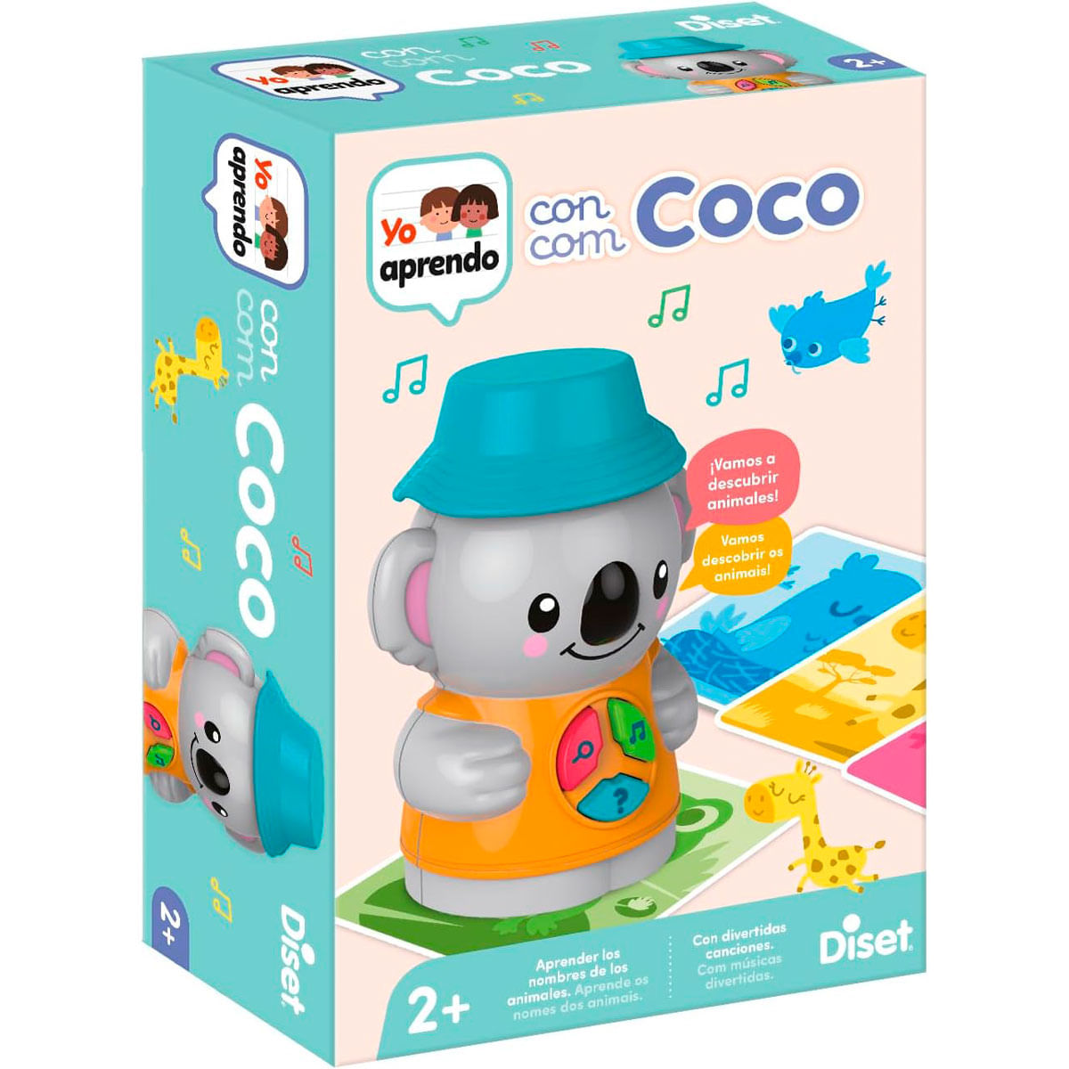 Un juguete de koala con sombrero y camisa naranja está sobre una caja.