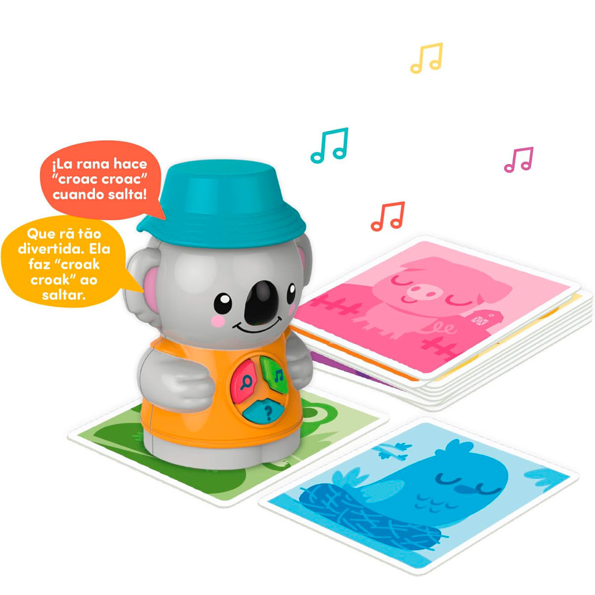 Un juguete de koala con tres botones, junto a tarjetas con animales y notas musicales.