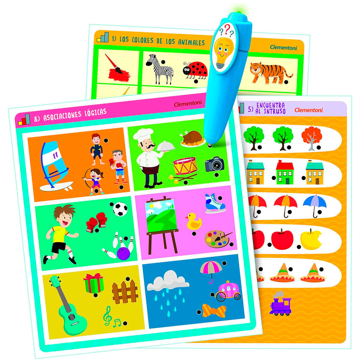 Un bolígrafo de aprendizaje azul yace sobre tarjetas de colores con animales, comida y objetos.