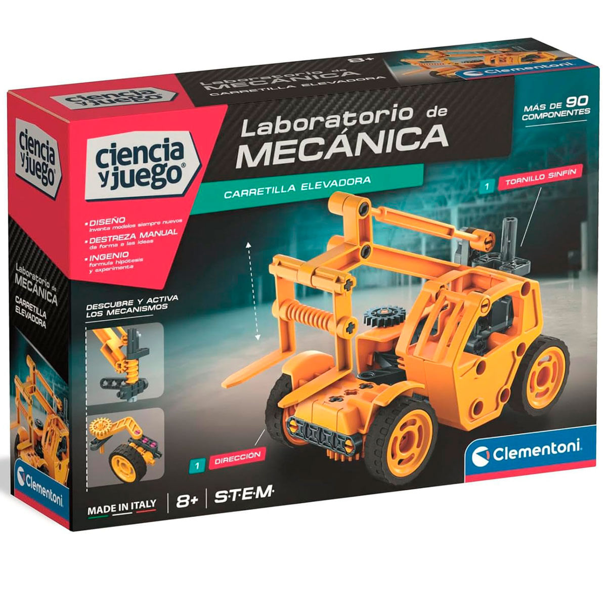 Caja para un kit de laboratorio mecánico Clementoni con un modelo de carretilla elevadora naranja.