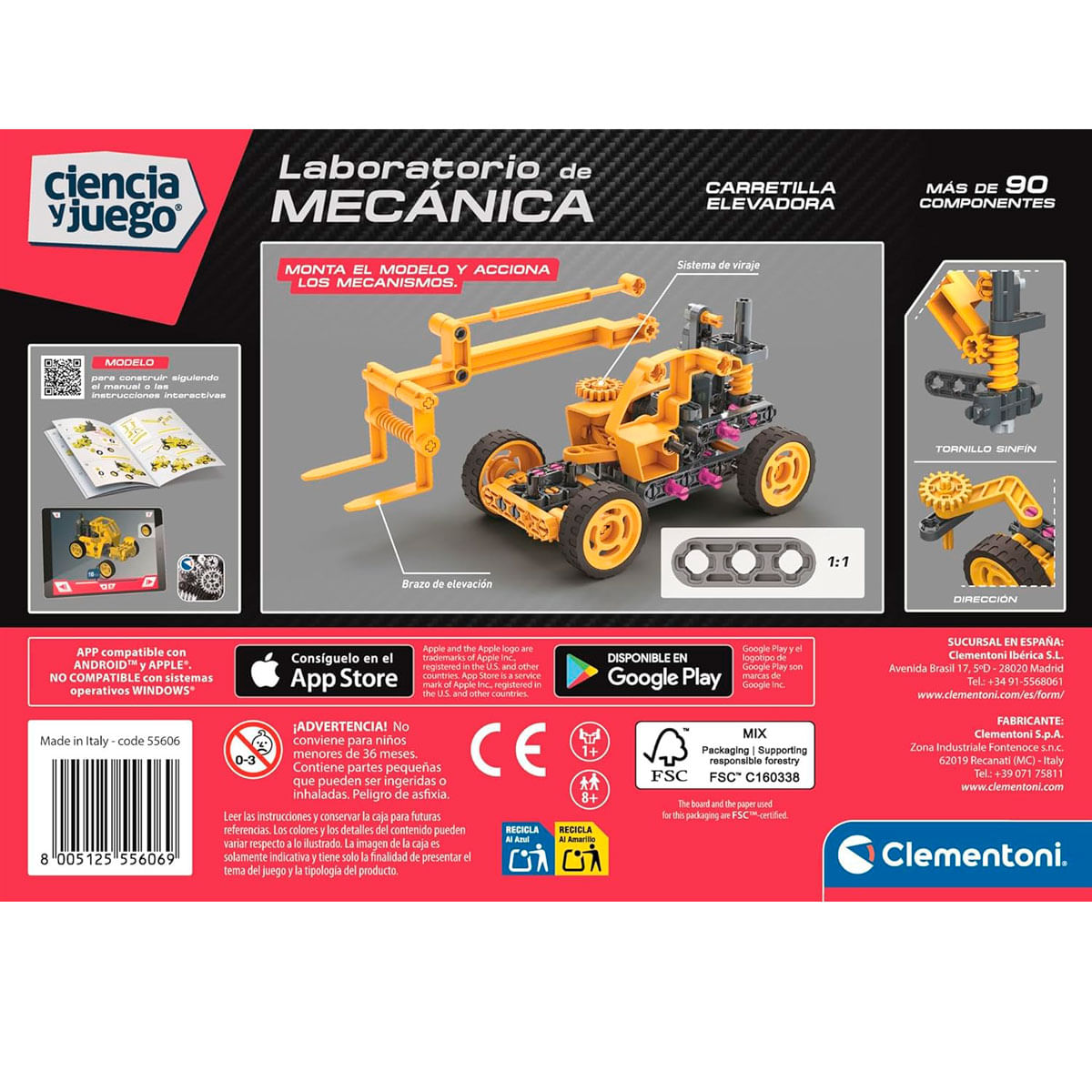 Kit de vehículo de construcción mecánico amarillo con grúa y componentes detallados.