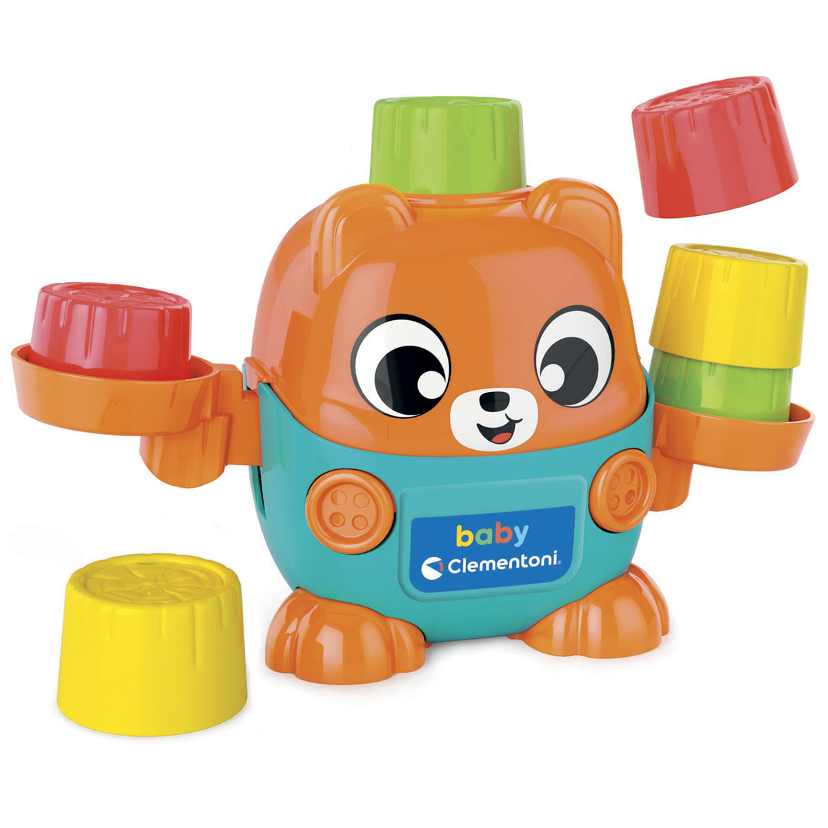 Juguete de oso naranja con peto turquesa, sostiene tazas coloridas. Logo Clementoni.