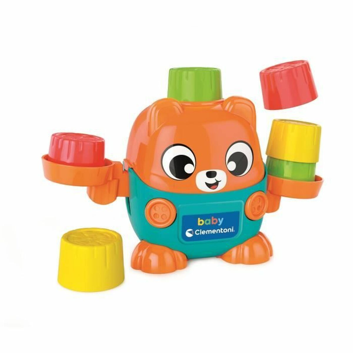 Un oso de juguete naranja con chaleco azul y bloques apilables de colores.