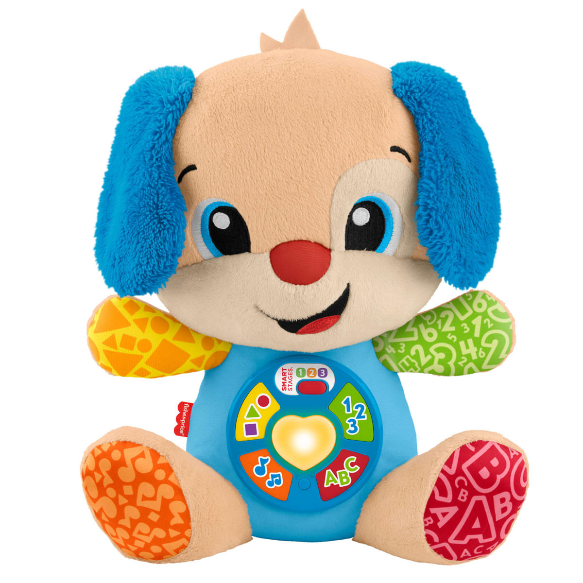 Un perro de peluche con orejas azules, sentado erguido con botones brillantes en la barriga.