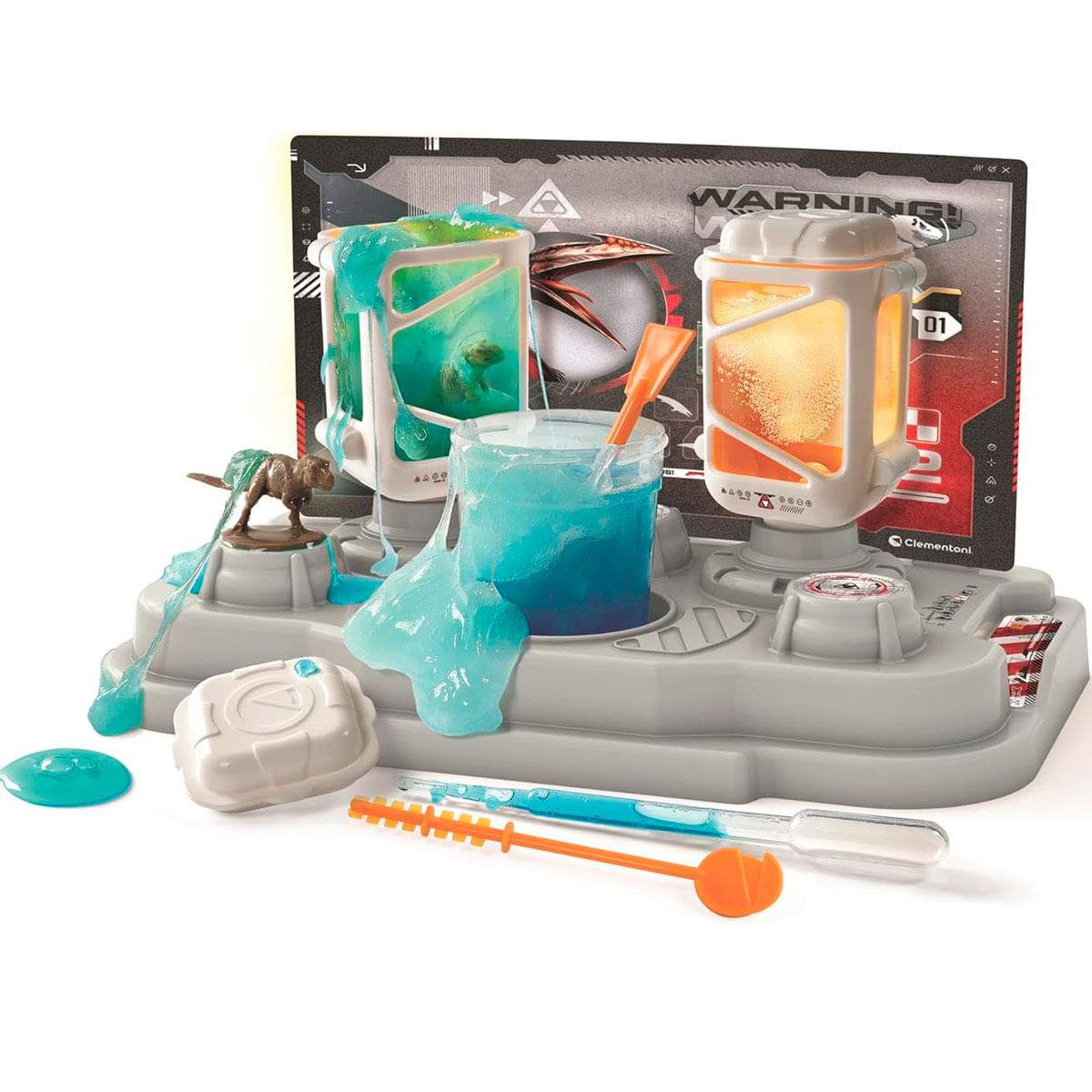 Un kit de ciencia de dinosaurios con lodo azul y naranja, contenedores y dinosaurios de juguete.