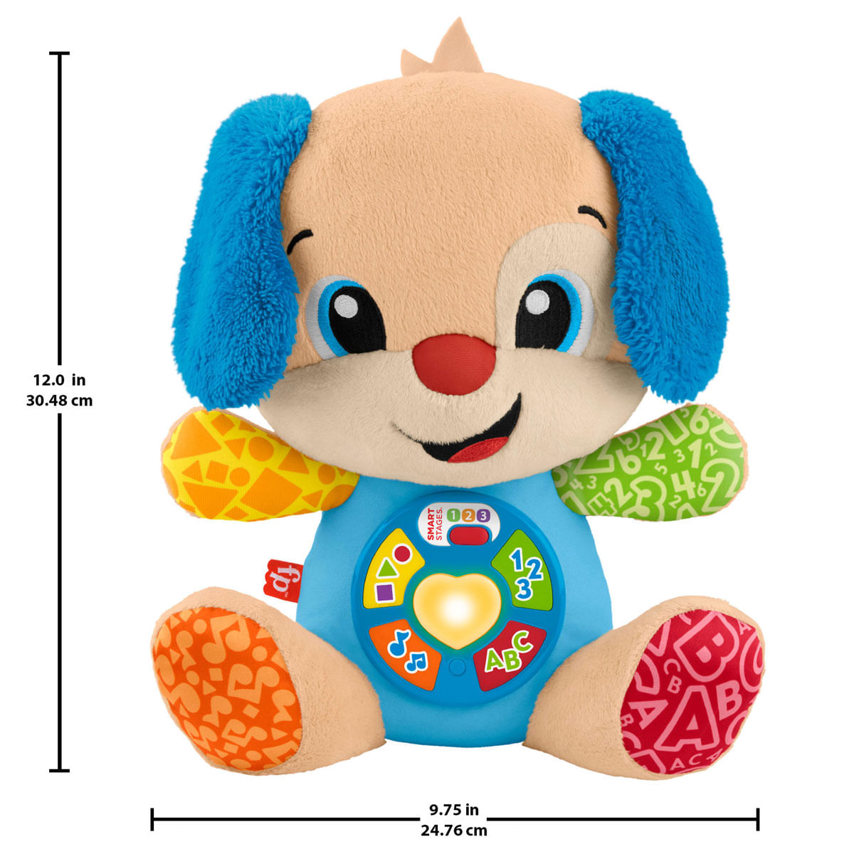 Un perro de peluche marrón claro con orejas azules y centro brillante.
