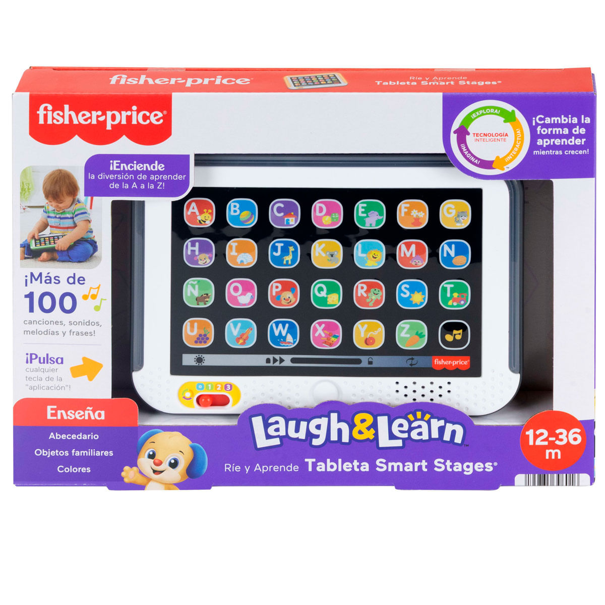 Tableta de aprendizaje Fisher-Price con letras, números e imágenes en pantalla.