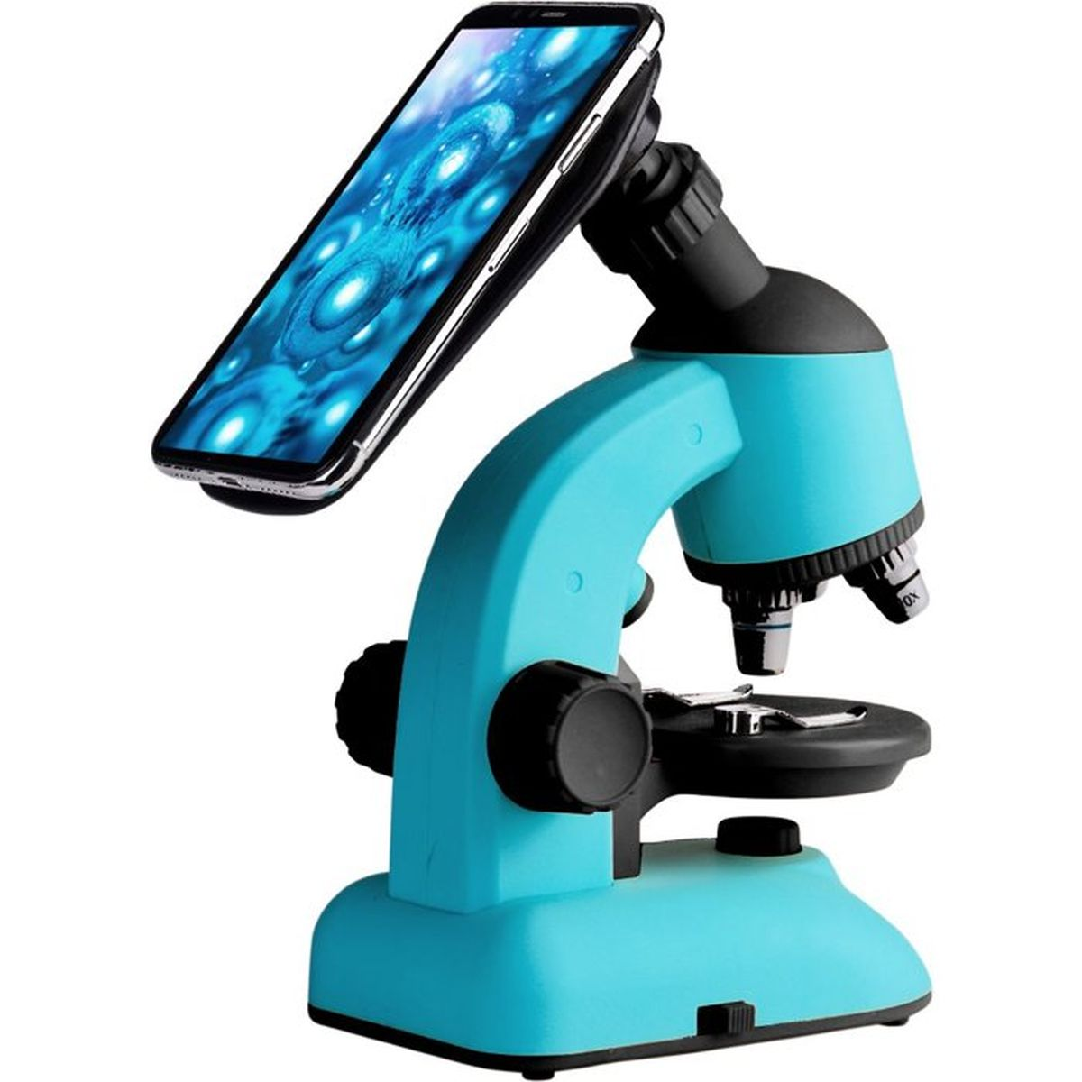 Ein hellblaues Mikroskop mit einem Smartphone, das auf dem Arm befestigt ist.
