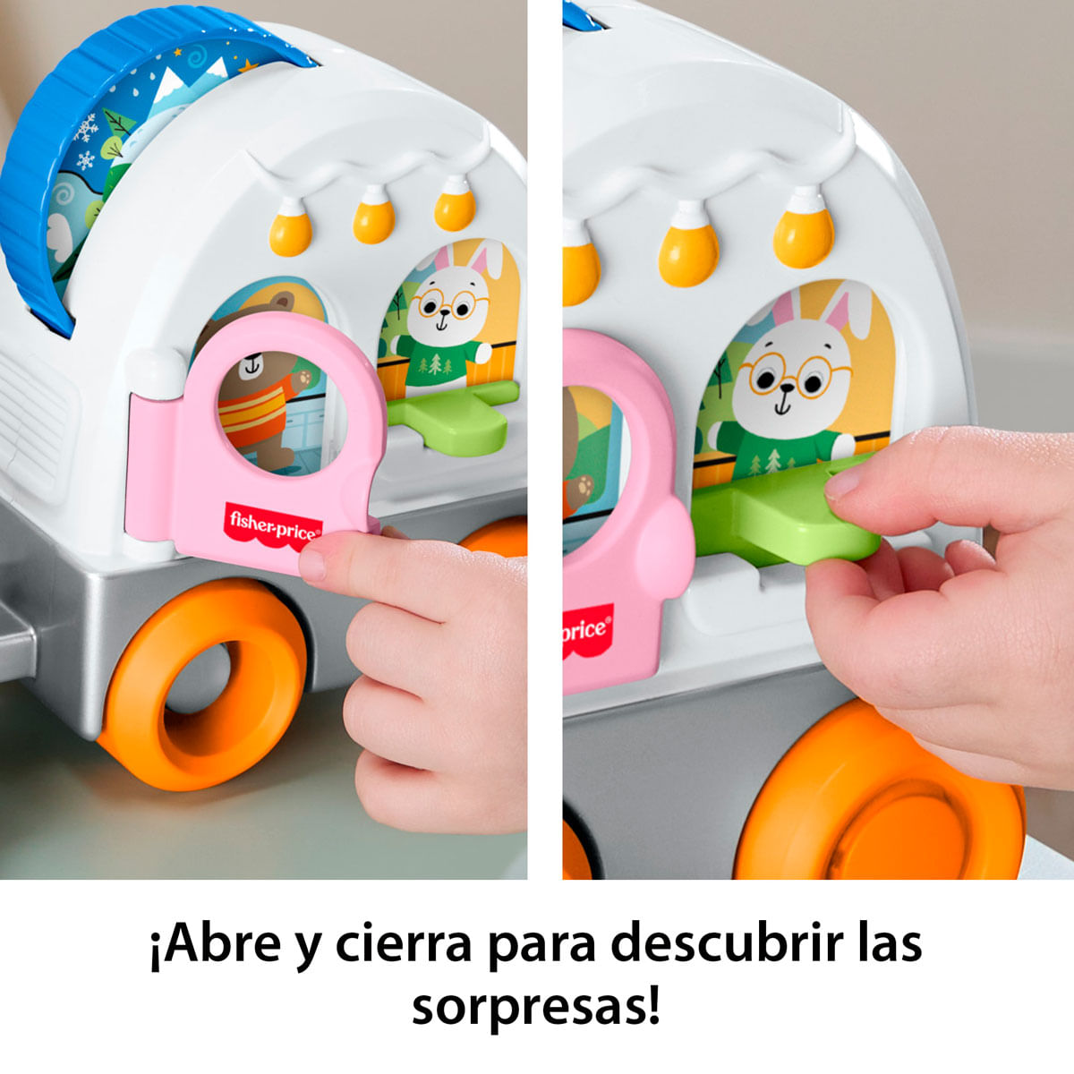 Niño interactúa con caravana de juguete Fisher-Price con animales.