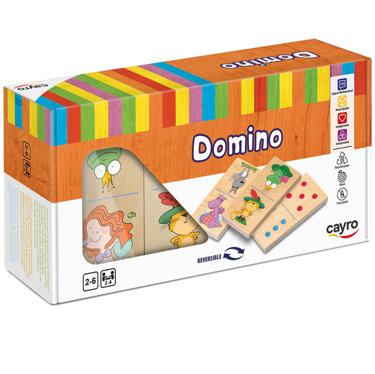 Caja de juego de dominó con rayas coloridas e ilustraciones de animales.