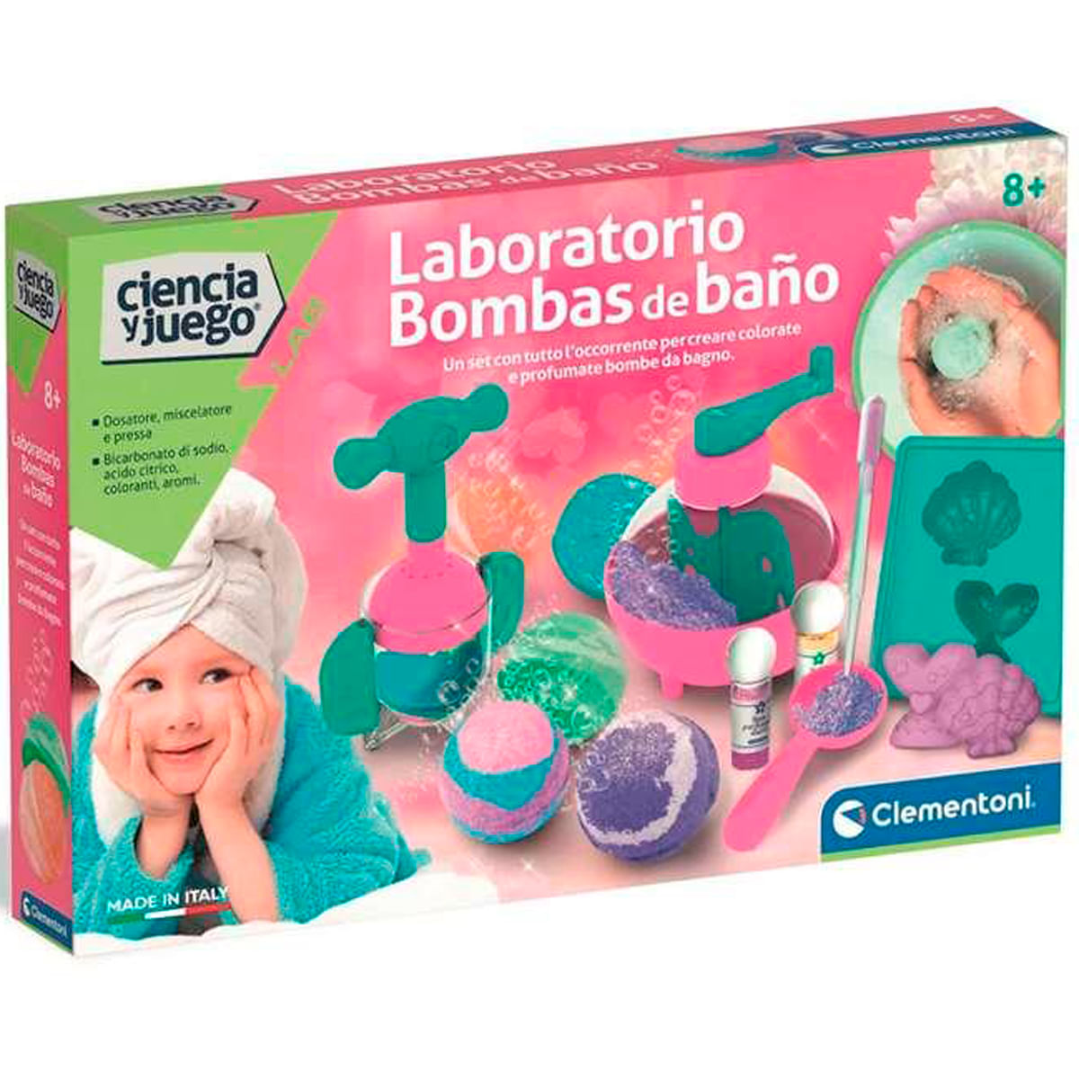 Embalaje de un kit de bombas de baño caseras con un niño a la izquierda.