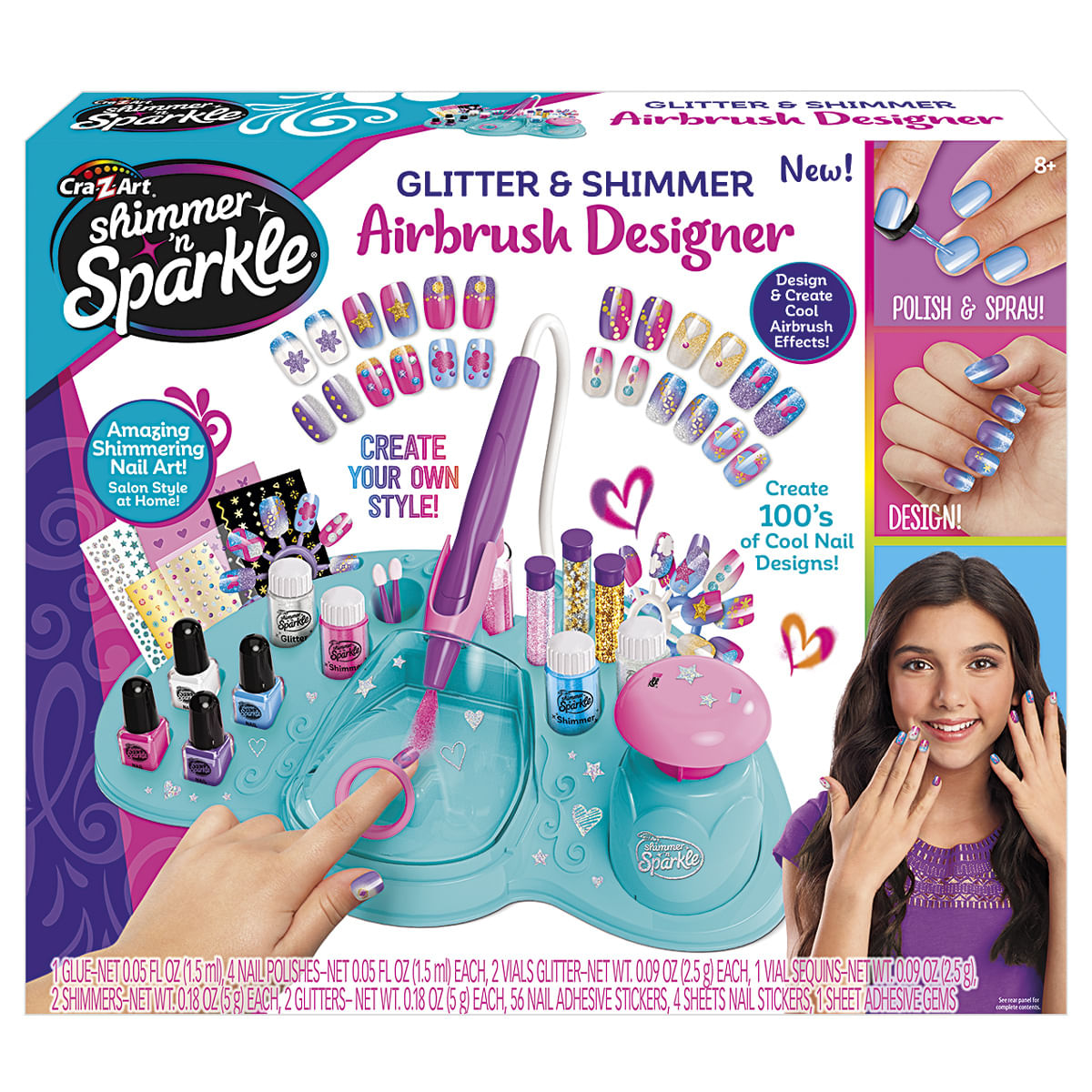 Un kit de arte de uñas con brillo y efectos de aerógrafo, incluye bolígrafo.