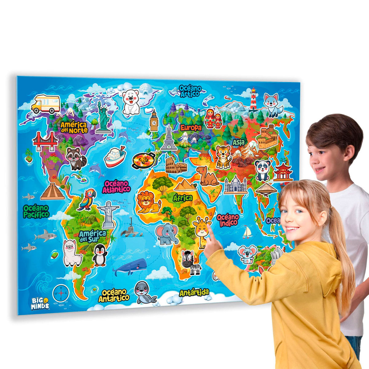 Niños señalan un mapa del mundo colorido con animales y monumentos.