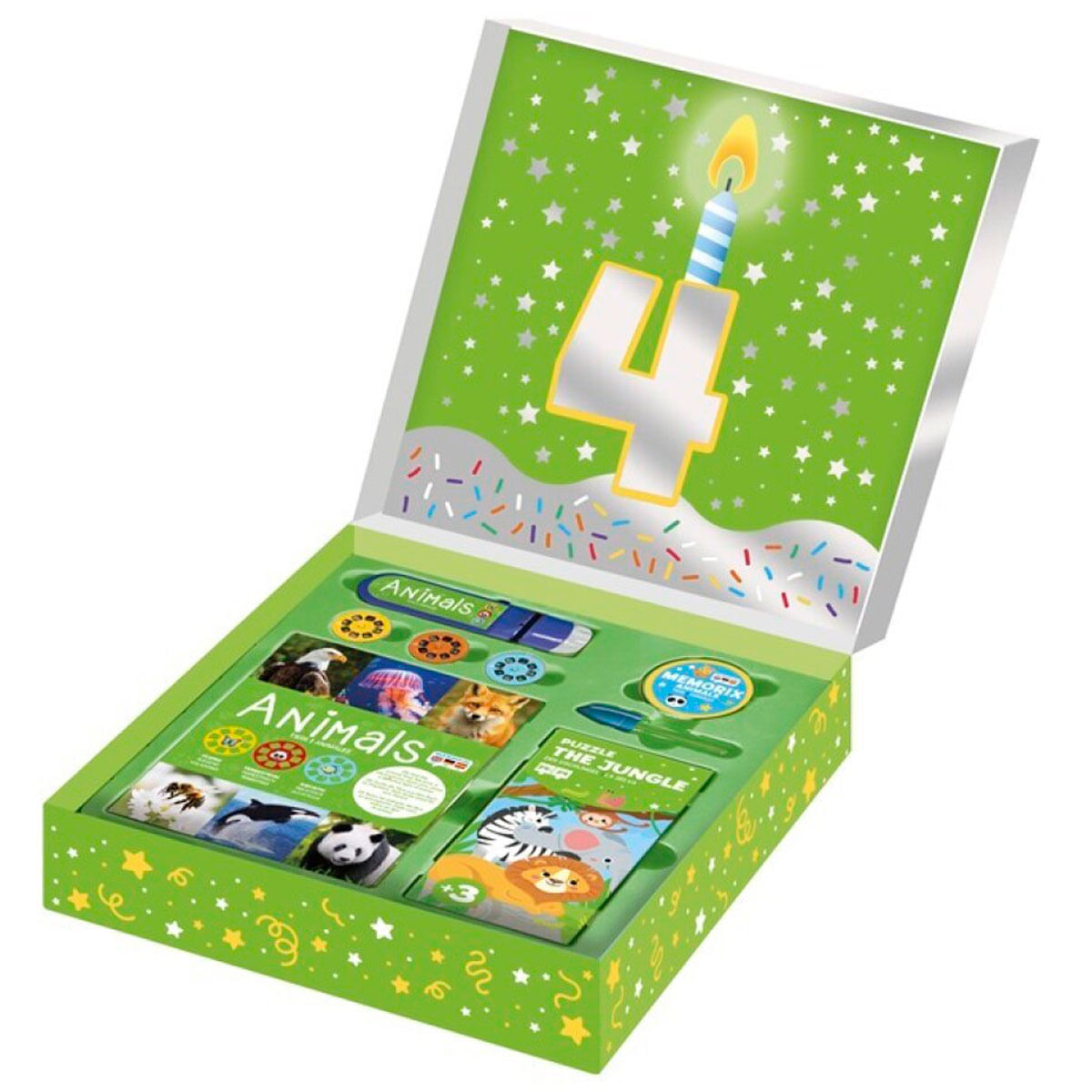 Una caja abierta con juguetes de animales para niños, decorada con estrellas y el número 4.