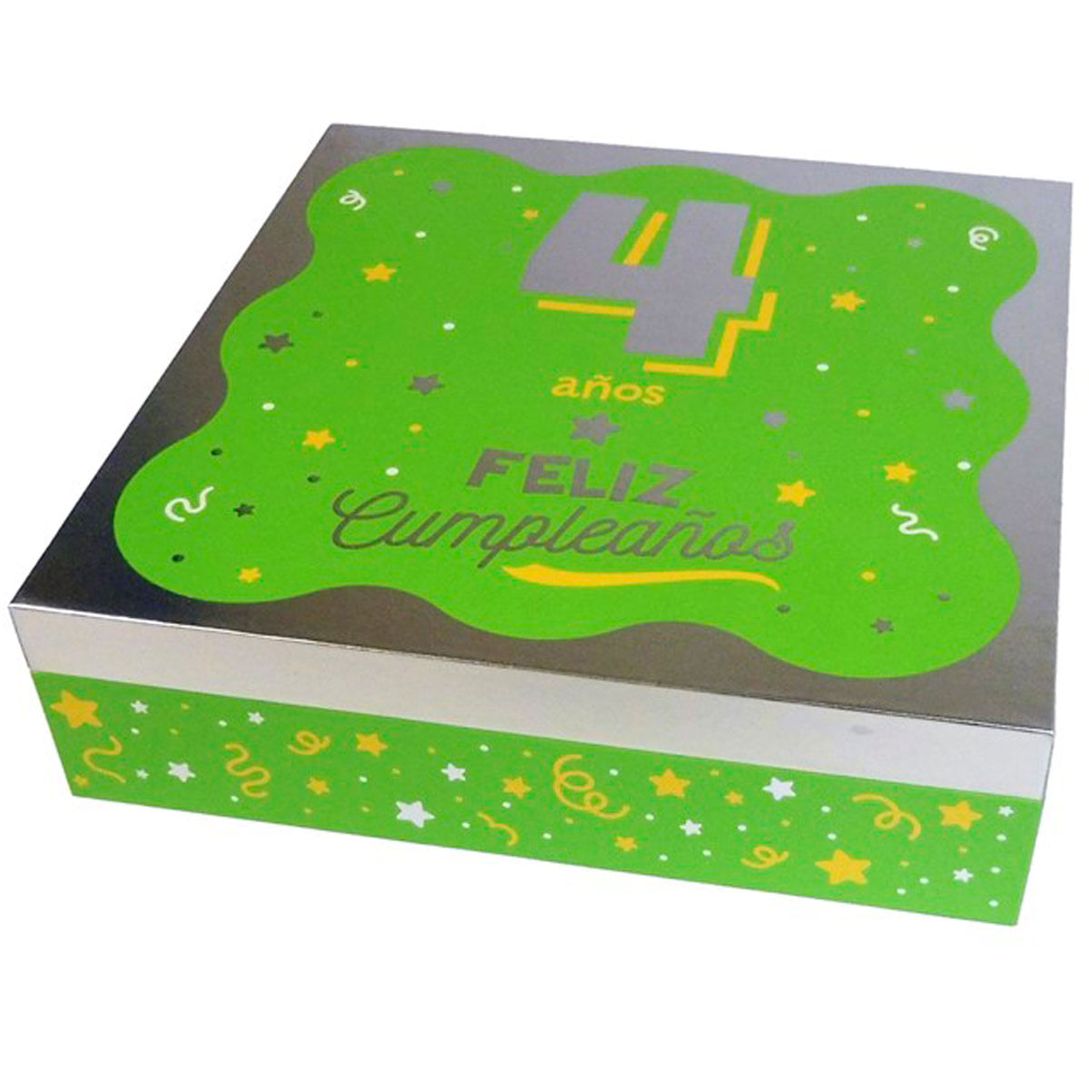Caja de regalo verde con tapa plateada, 4 años Feliz Cumpleaños.