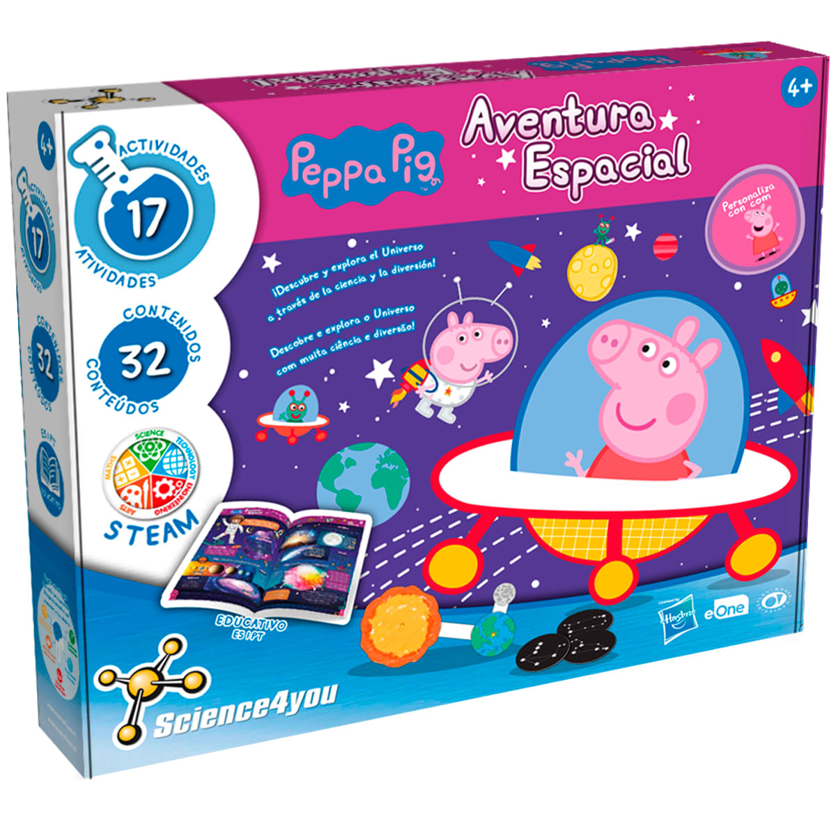 Caja de juguetes de Peppa Pig de aventura espacial con astronautas, planetas, cohetes.
