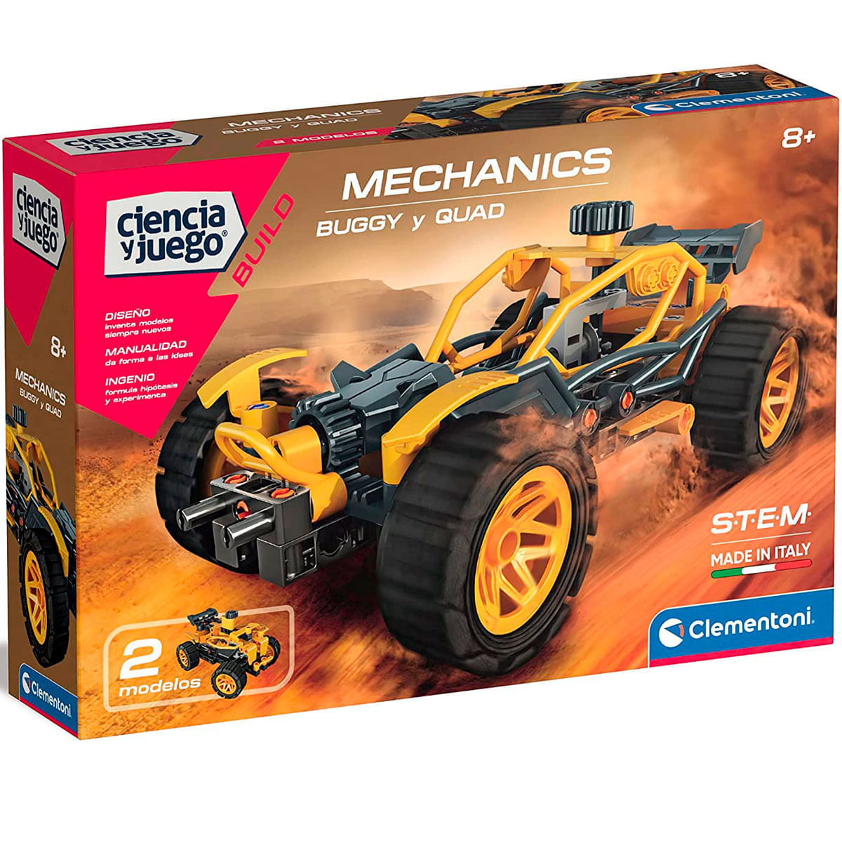 Caja de un kit de construcción Clementoni STEM para un buggy/quad amarillo y negro.