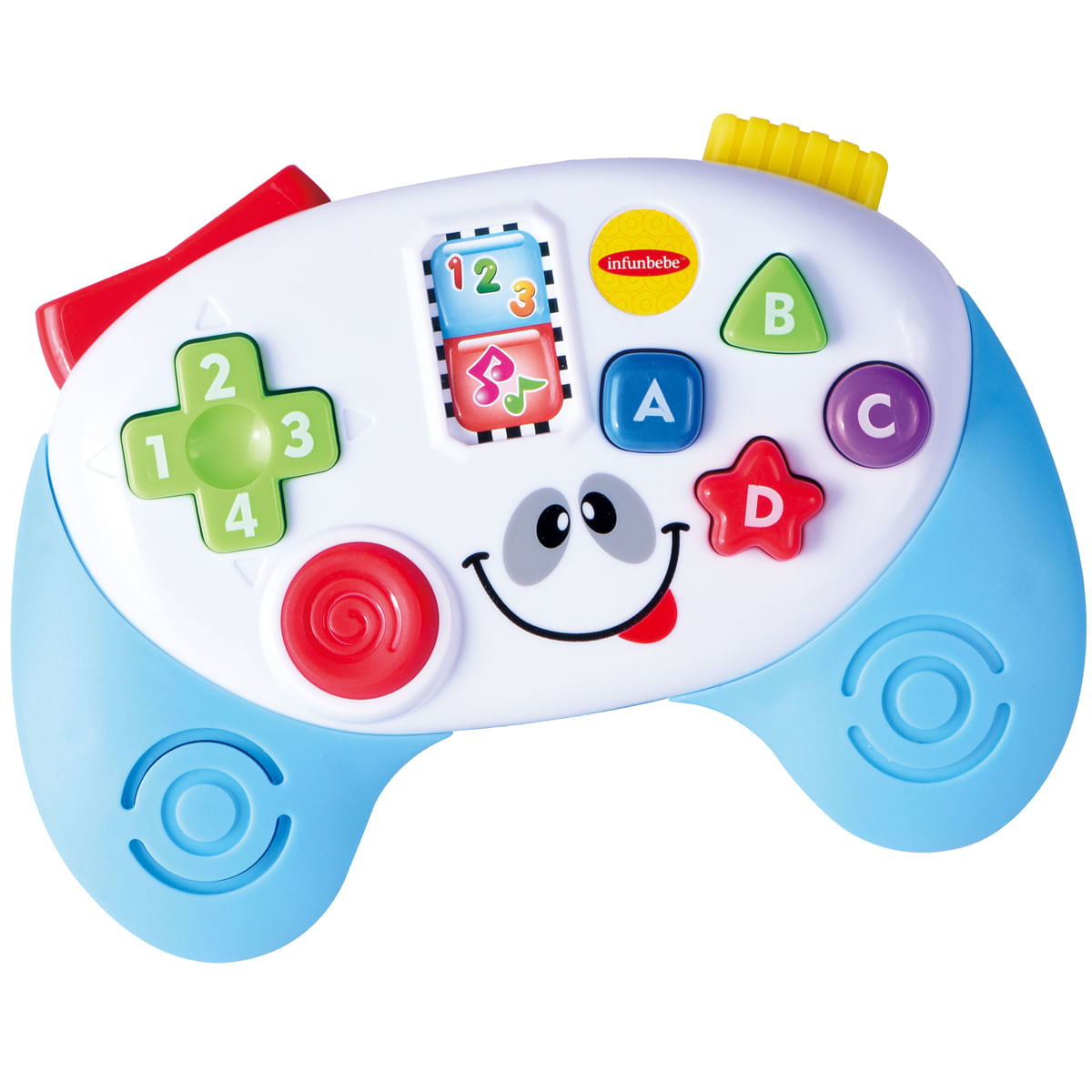 Un colorido gamepad de juguete con cara sonriente, números y letras.
