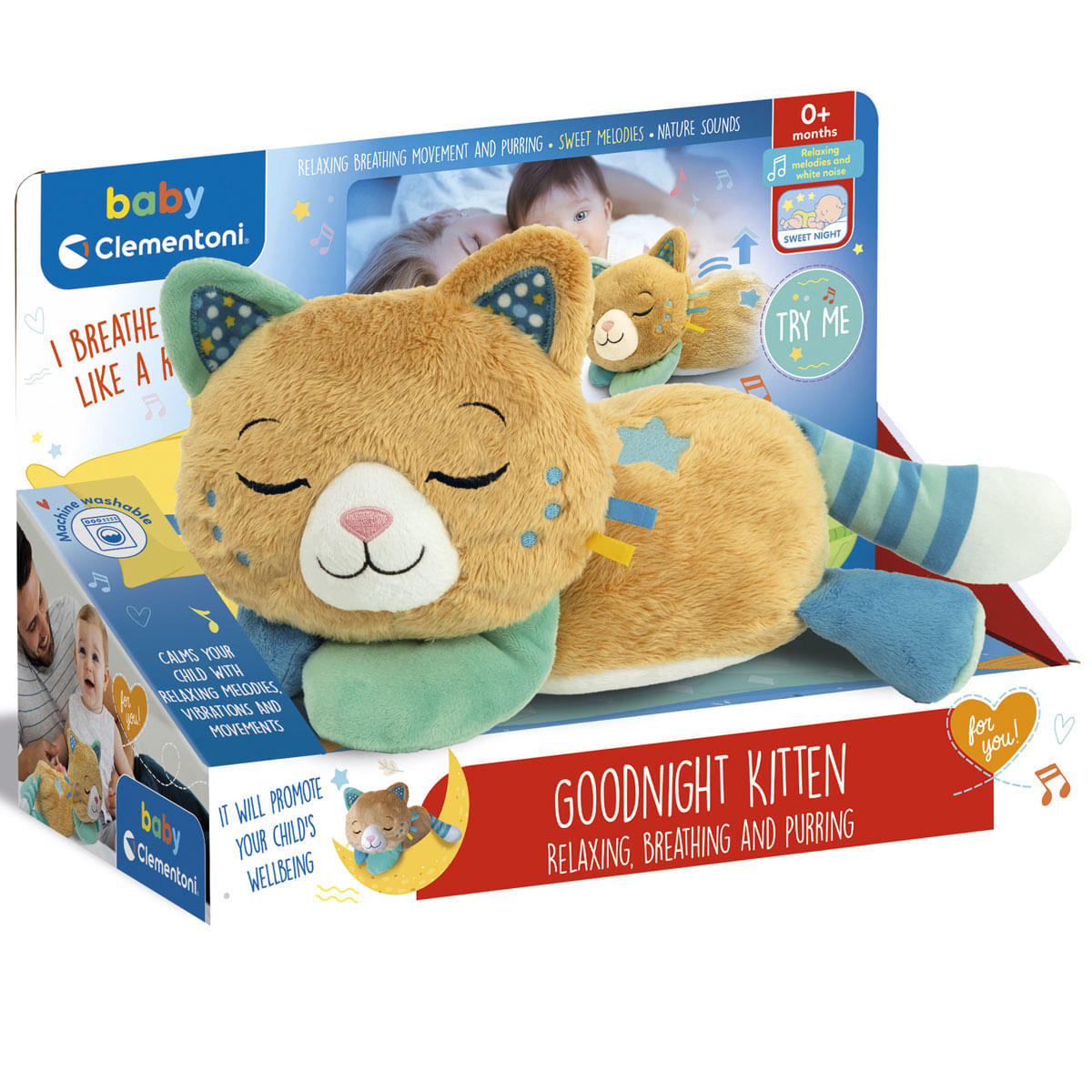Un peluche de gatito marrón con ojos cerrados, bufanda verde y cola a rayas en su empaque.