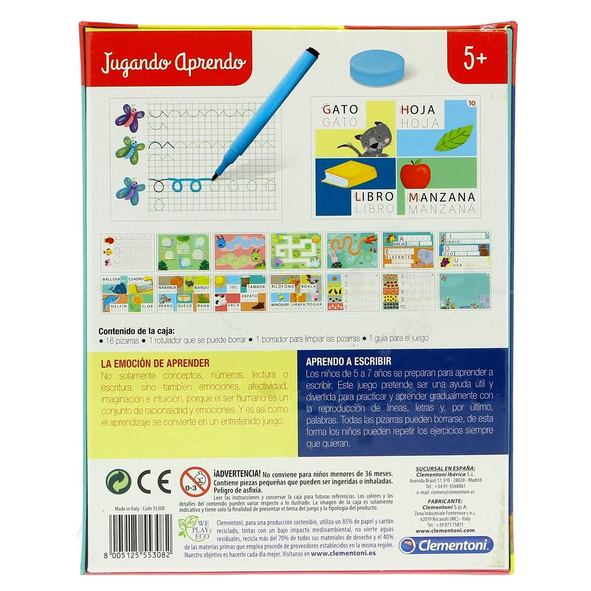 Caja de juguete con juegos de aprendizaje: bolígrafos, borrador, pizzas, animales y letras.