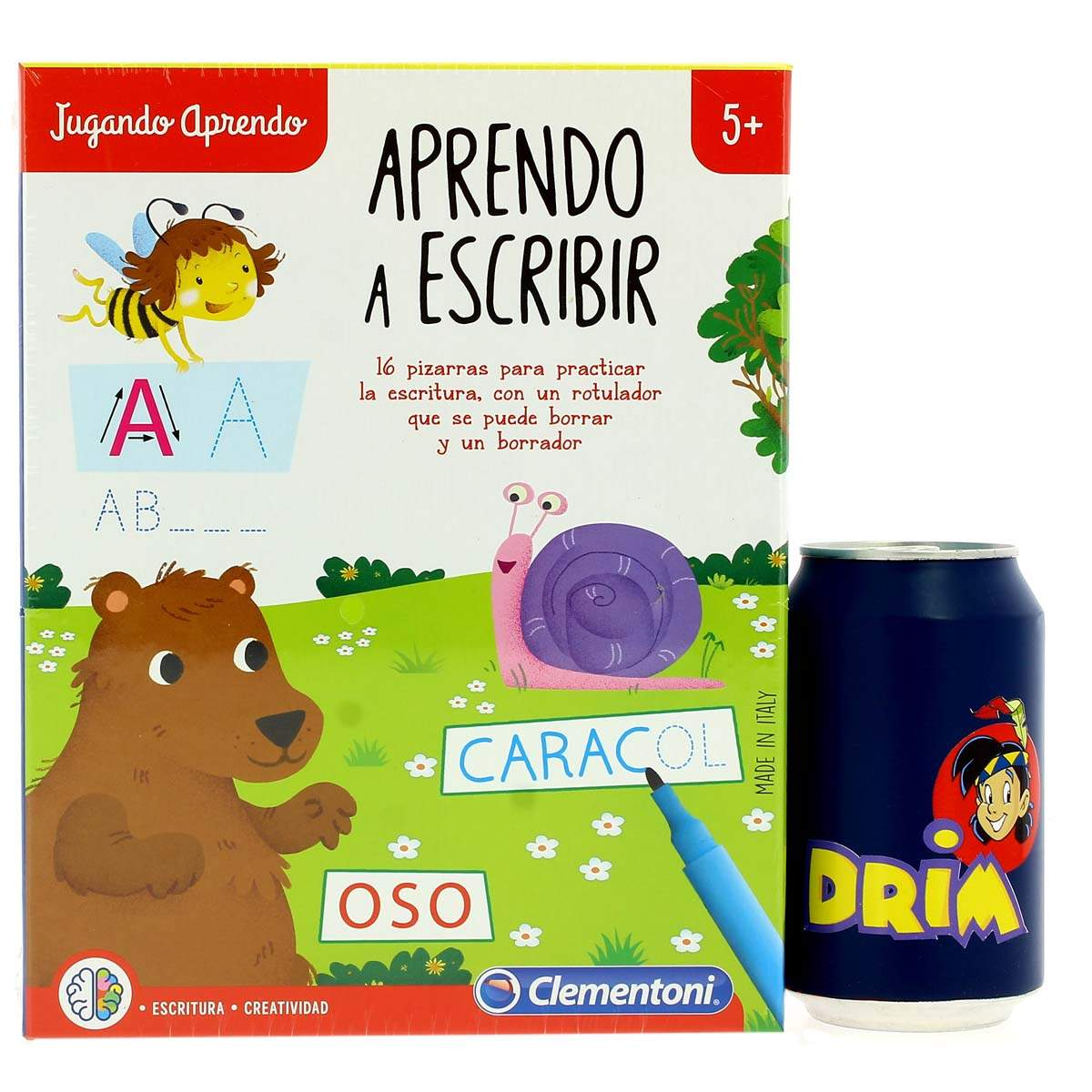 Un juego de aprendizaje con oso, caracol y abeja para aprender a escribir. Al lado, una lata azul.