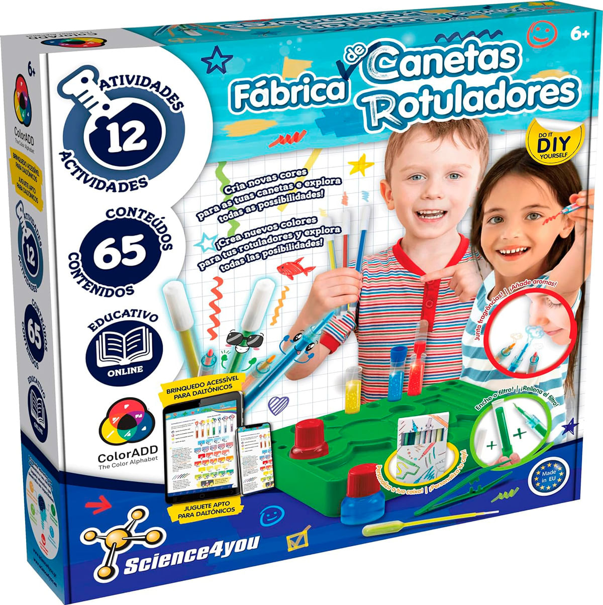 Caja de un kit Science4you con niños sosteniendo rotuladores.