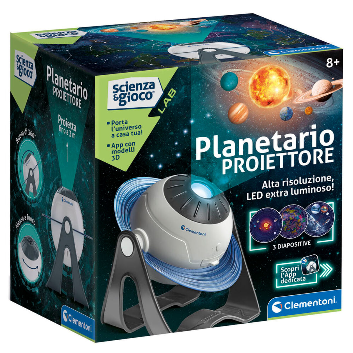 Caja de proyector de planetario con imágenes de planetas y estrellas.