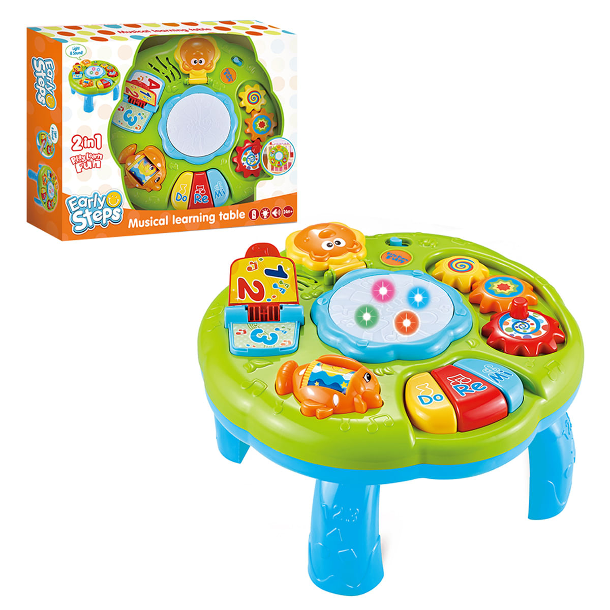 Una mesa de aprendizaje musical colorida con luces, engranajes, números y botones.
