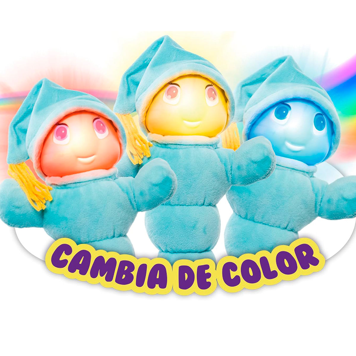 Tres juguetes brillantes con pijamas y gorros turquesa. Uno naranja, uno amarillo, uno azul.