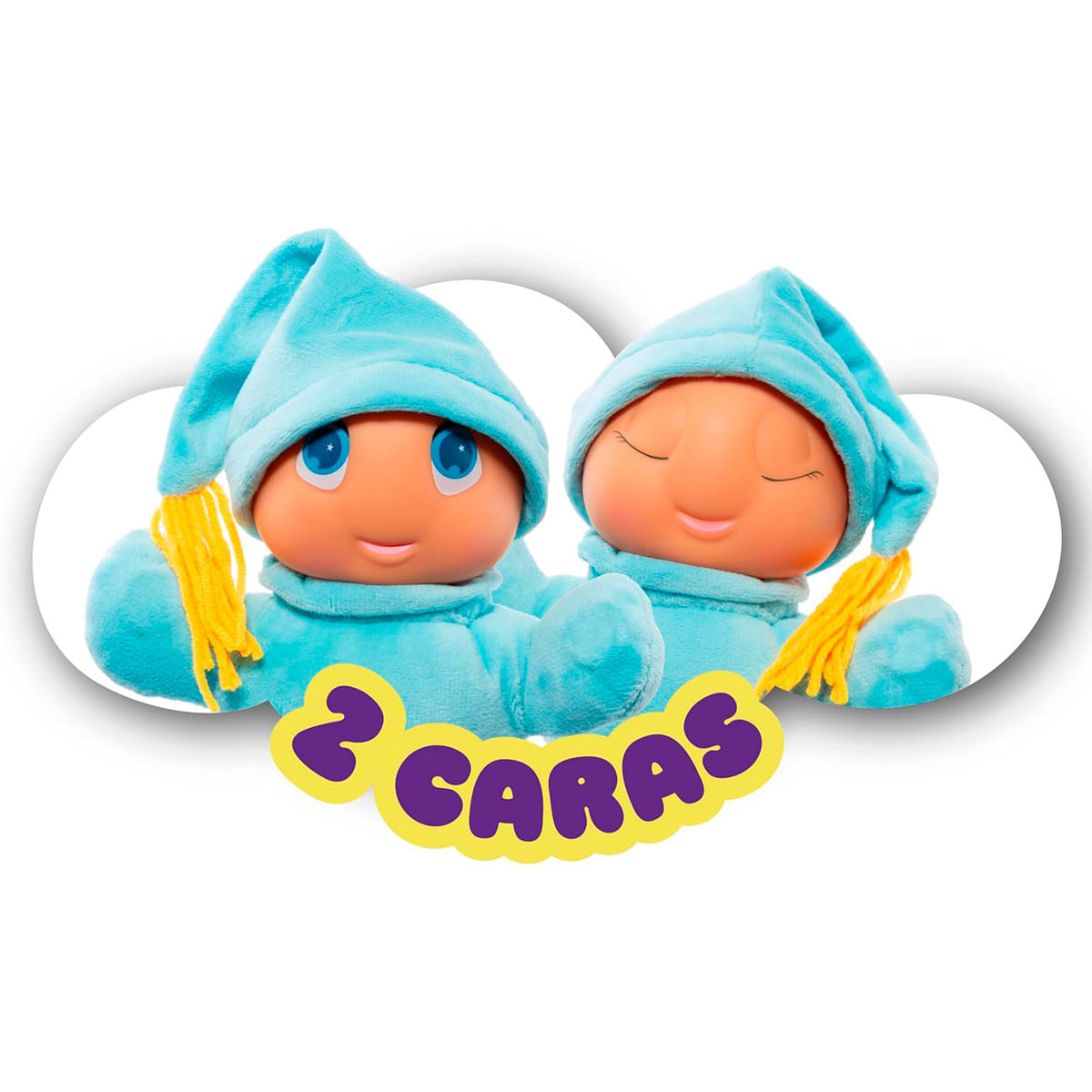 Dos figuras de peluche azules con gorros y pelo amarillo, con "2 CARAS" al fondo.