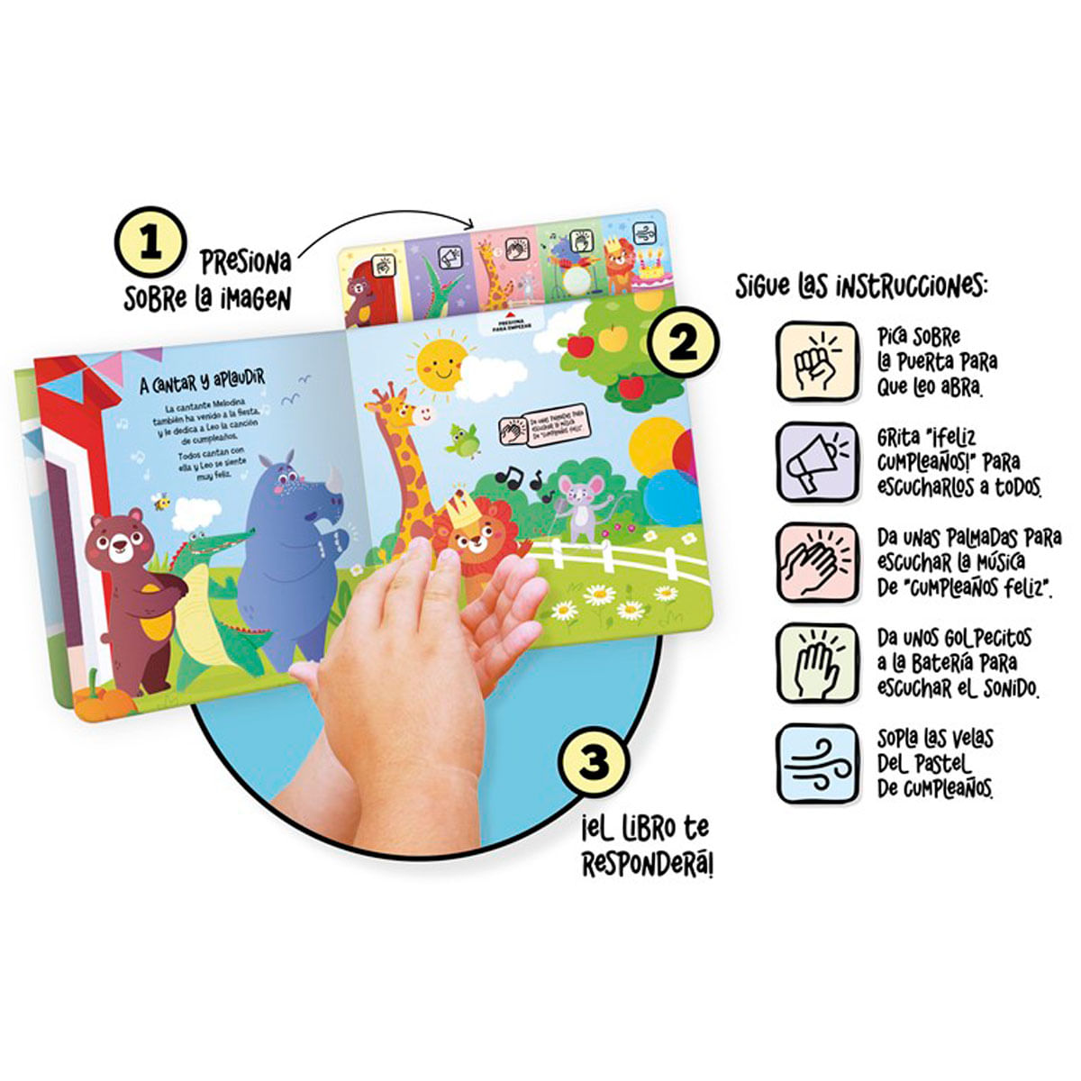 Libro infantil interactivo con animales e instrucciones para presionar, gritar, aplaudir y soplar.