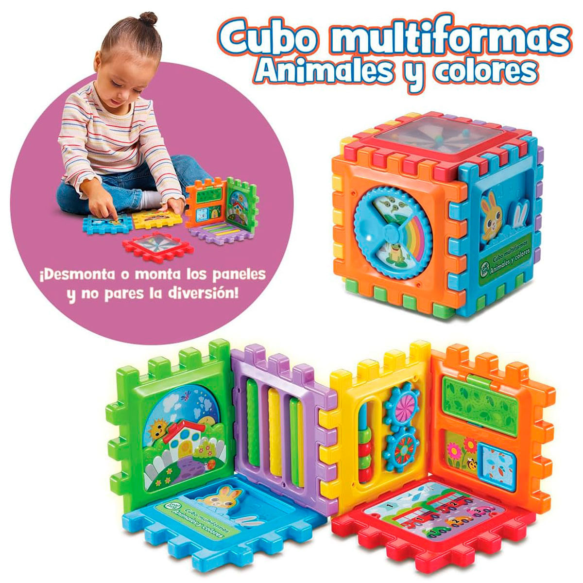 Un niño juega con bloques de construcción coloridos de un cubo con animales y colores.