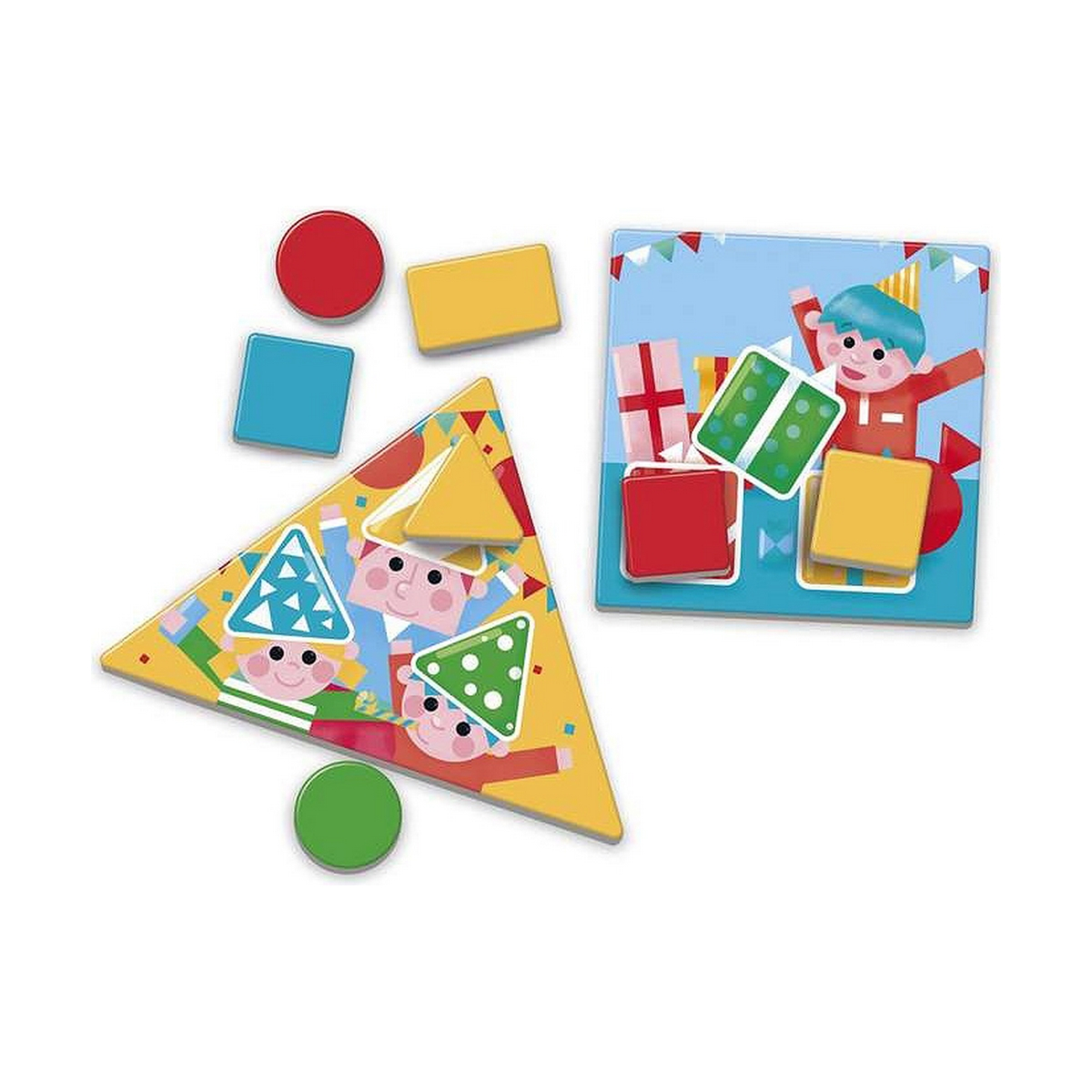 Piezas de rompecabezas coloridas con niños y regalos sobre fondo blanco.