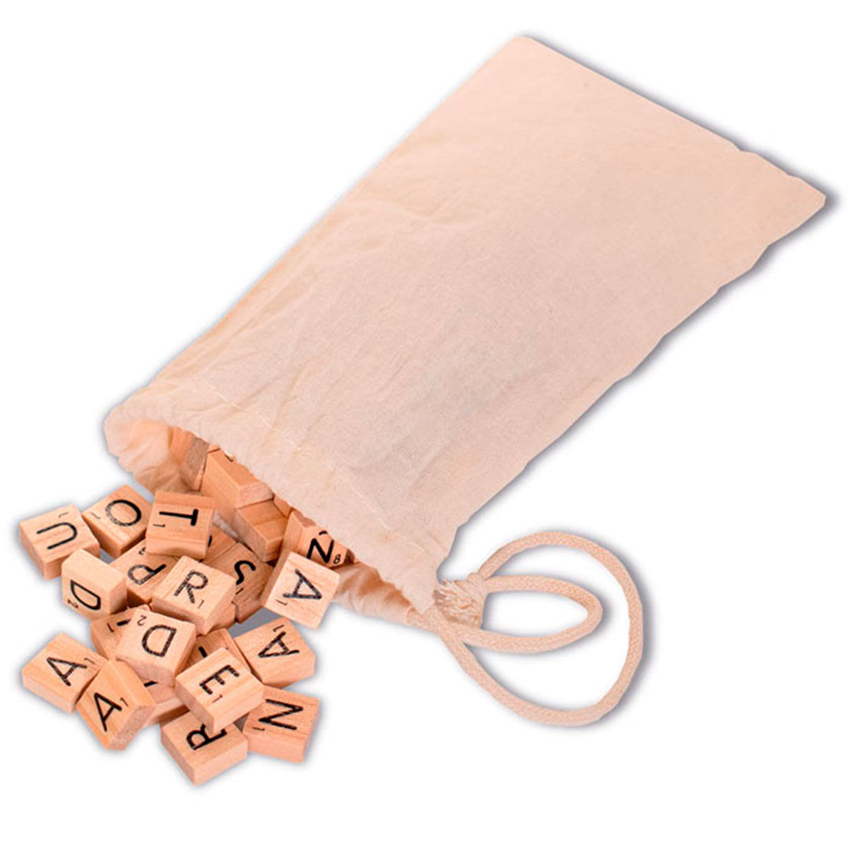 Fichas de letras de madera caen de una bolsa beige con cordón. Letras visibles: U, R, D, A, T, E, N.