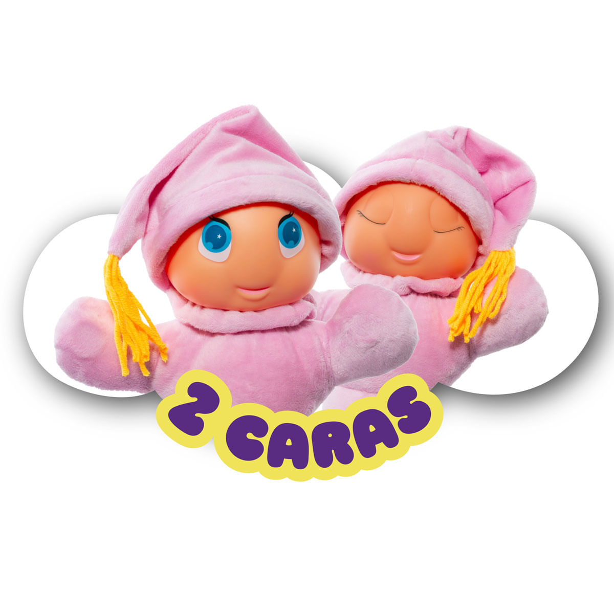 Dos figuras de peluche rosas con gorros de dormir y borlas amarillas. Una tiene ojos azules, la otra cerrados.